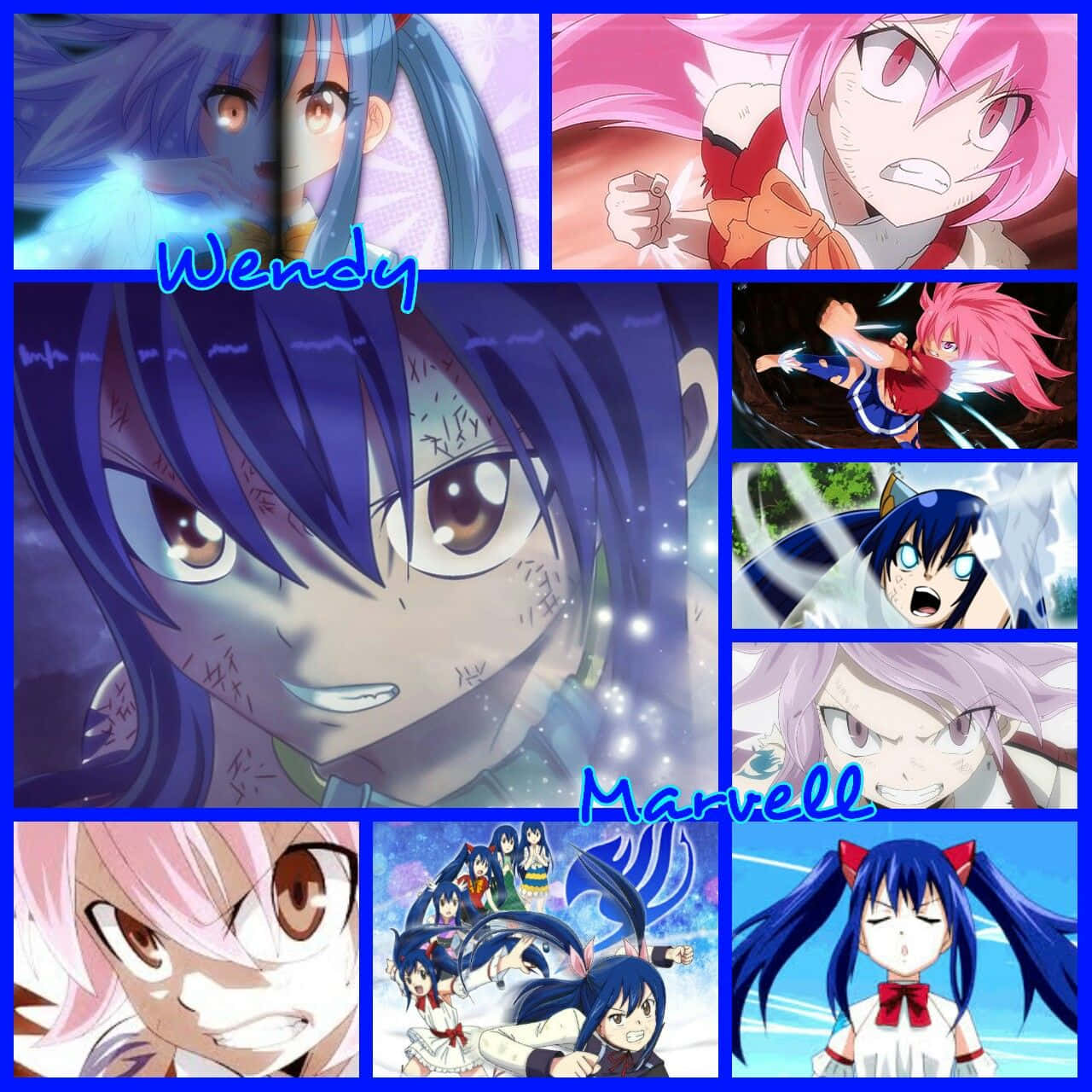 Wendy Marvell 桌布 壁紙 — 一幅充滿活力的動漫拼貼畫，包含多個角色，表情豐富，姿勢動感，背景色彩繽紛。