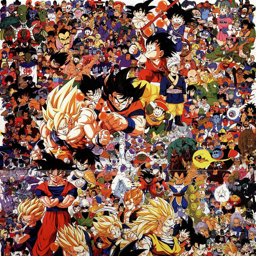 Anime Collage 桌布 壁紙 — 一幅充滿活力的動漫拼貼畫，展示了數百個龍珠角色，姿勢動感，服裝色彩繽紛。