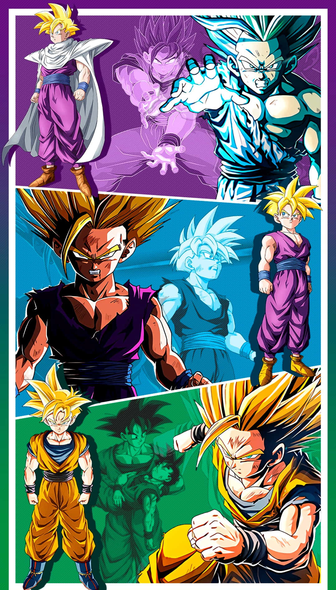 Dragon Ball Z Kai 桌布 壁紙 — 一幅充滿活力的動漫拼貼畫，展示悟空在多種力量形態下，背景為色彩繽紛的分段背景。
