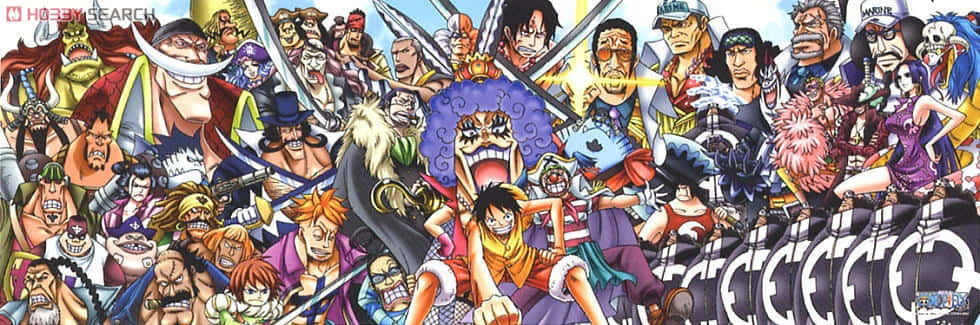 Marineford Aftermath 桌布 壁紙 — 一幅充滿活力的動漫拼貼畫，描繪《One Piece》角色以動態姿勢呈現，色彩大膽且表情豐富。
