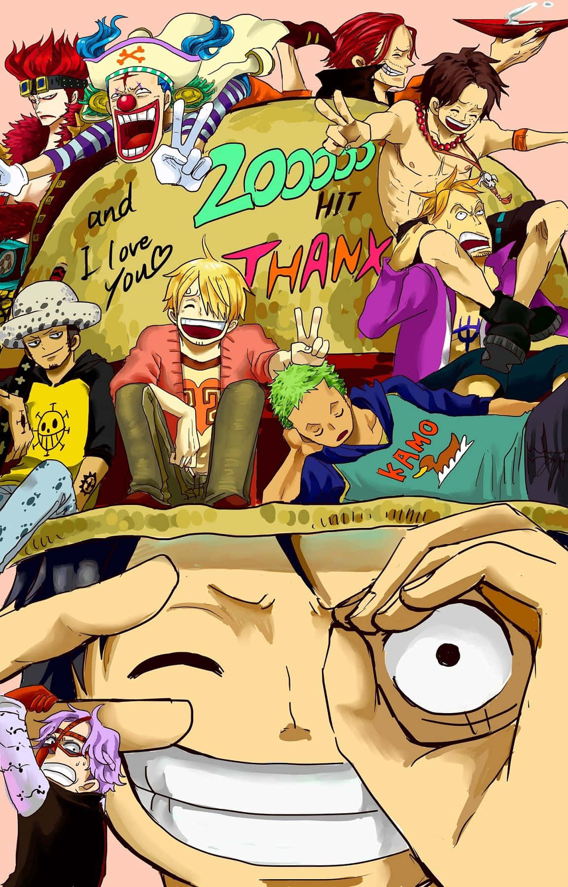 Spandam 桌布 壁紙 — 一幅充滿活力的動漫拼貼畫，描繪《One Piece》角色以和平手勢和歡樂表情慶祝。