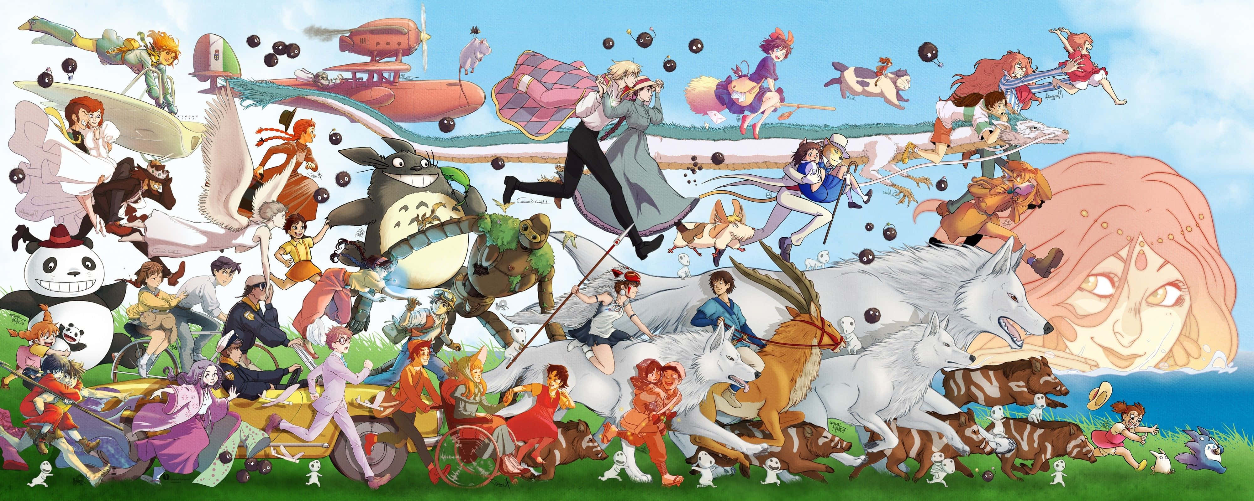 Hayao Miyazaki Movies 桌布 壁紙 — 一幅充滿活力的動漫拼貼畫，描繪了《龍貓》和《崖上的波兒》等吉卜力工作室角色，背景是動態的天空和草地。