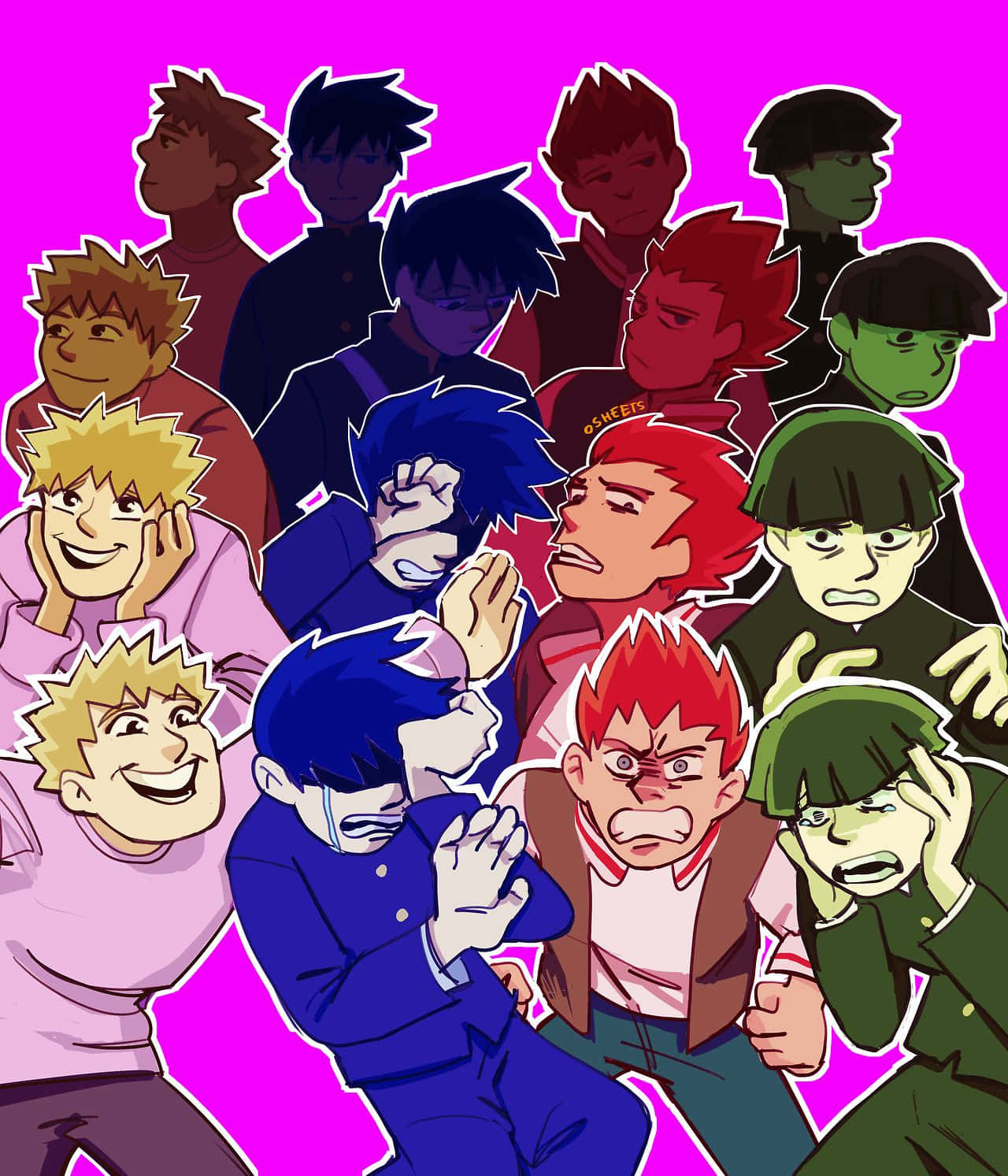 Ritsu Kageyama 桌布 壁紙 — 一幅充滿活力的動漫拼貼畫，描繪了各種男性角色在鮮豔的粉紅色背景上誇張的表情。