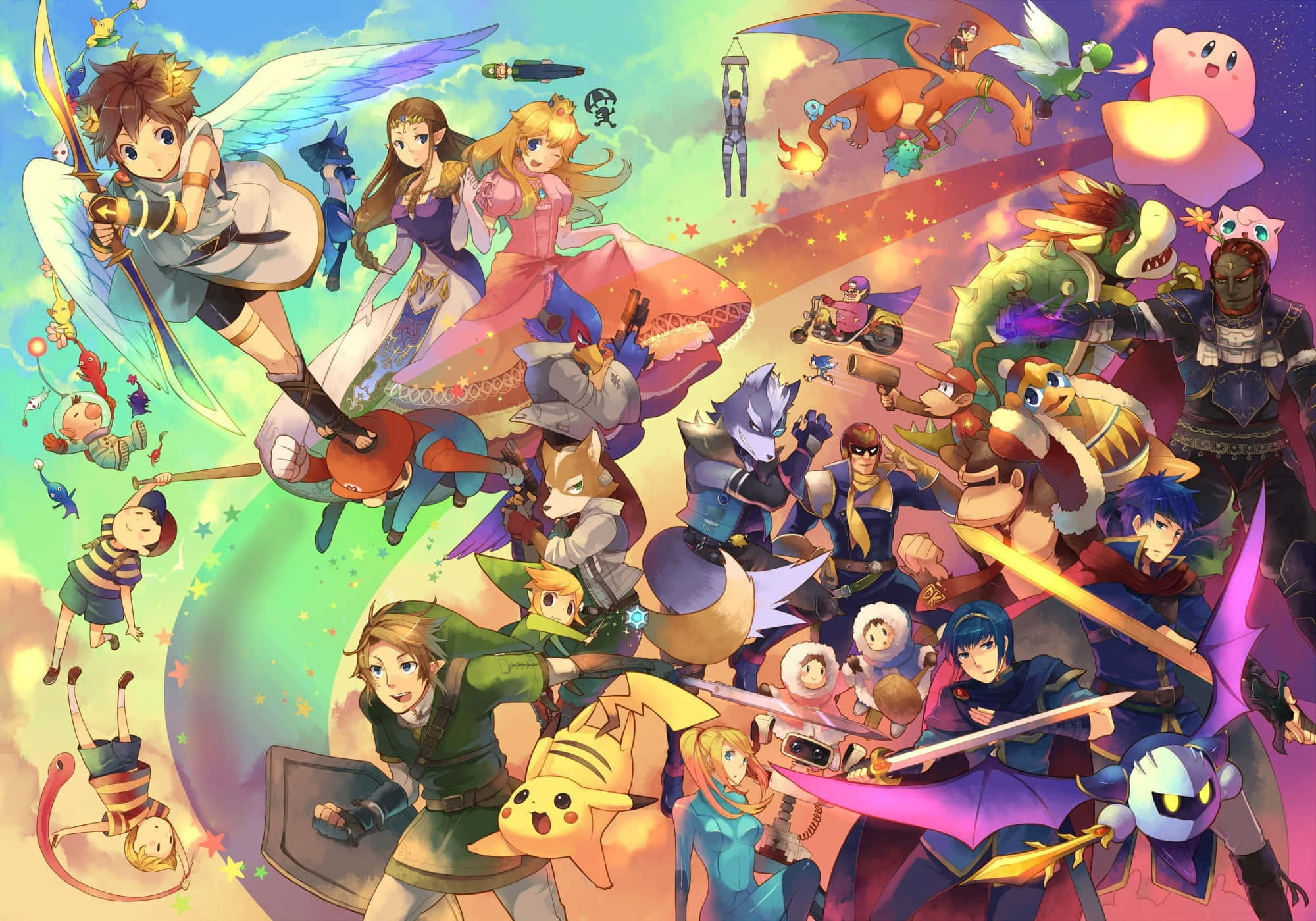The Legend Of Zelda Characters 桌布 壁紙 — 一幅充滿活力的動漫拼貼畫，描繪了標誌性電子遊戲角色在繁星點點的夜空中翱翔和戰鬥，伴隨著色彩繽紛的爆炸和魔法效果。