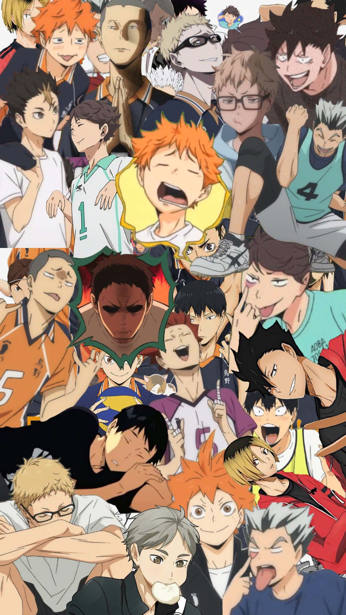 Haikyuu Captains 桌布 壁紙 — 一幅充滿活力的動漫拼貼畫，描繪了多位男性排球運動員的動態姿勢和富有表現力的面孔。