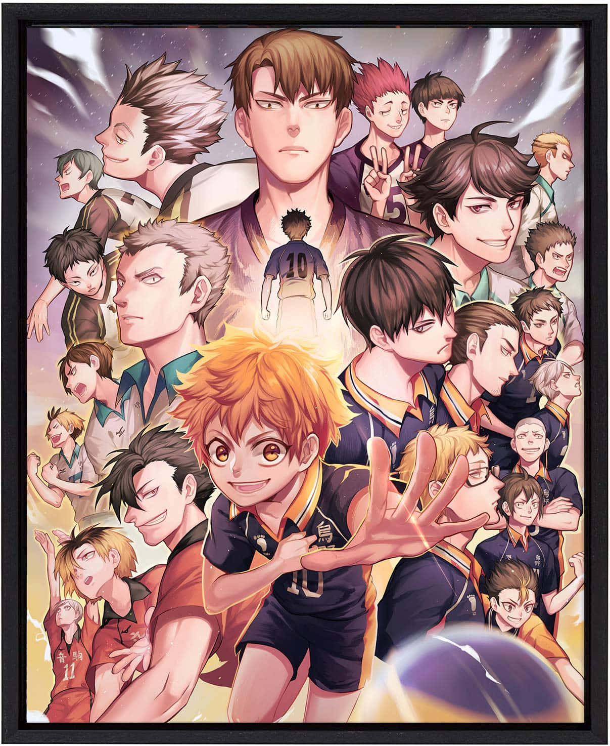 Haikyuu Captains 桌布 壁紙 — 一幅充滿活力的動漫拼貼畫，描繪排球運動員在帶有發光能量效果的宇宙背景前擺出動態姿勢。