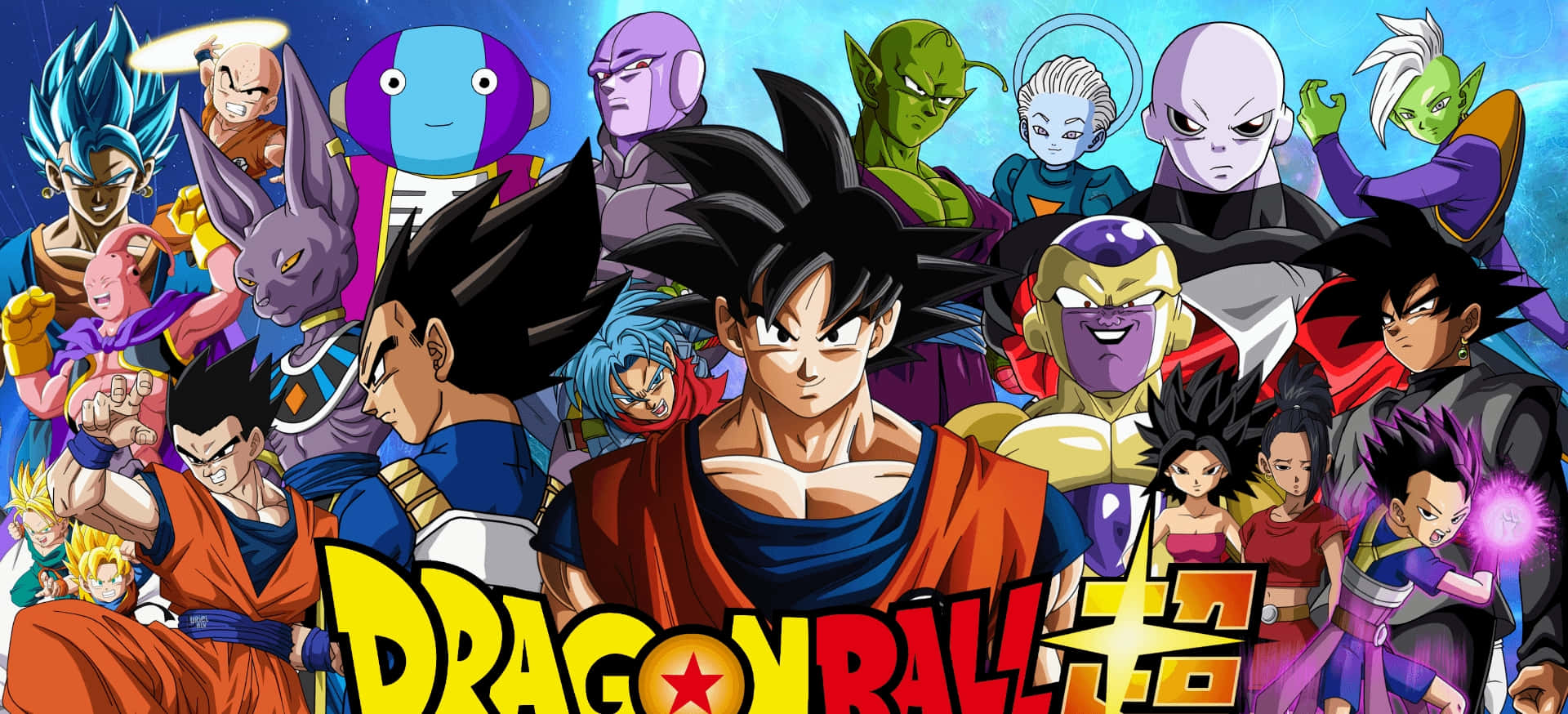 Dragon Ball Super Universe 6 桌布 壁紙 — 一幅充滿活力的動漫拼貼畫，描繪龍珠角色在宇宙藍色背景上擺出動態姿勢。