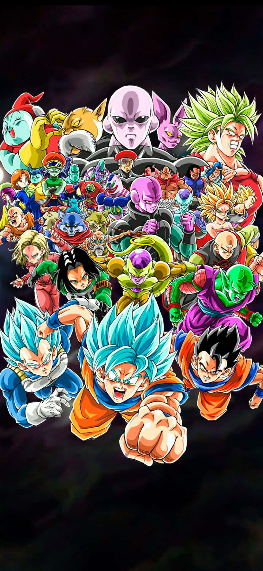 Dragon Ball iPhone 桌布 壁紙 — 一幅充滿活力的動漫拼貼畫，描繪龍珠角色在黑暗宇宙背景下的動態姿勢。
