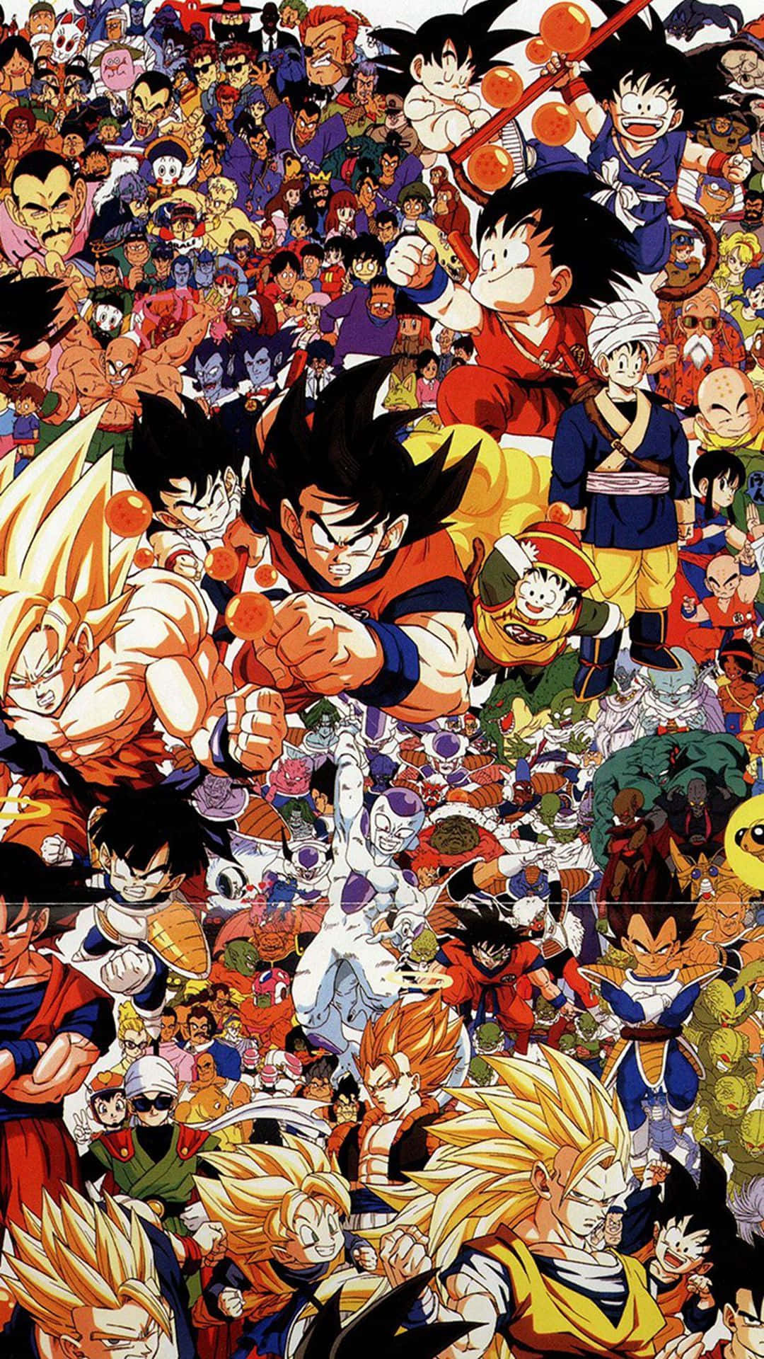 Dragon Ball iPhone 桌布 壁紙 — 一幅充滿活力的動漫拼貼畫，數十個龍珠角色以動感姿勢和色彩繽紛的服裝呈現。