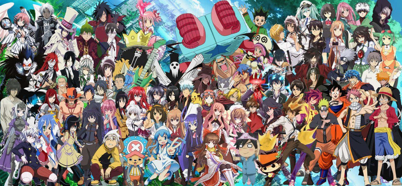 Manga Characters 桌布 壁紙 — 一幅充滿活力的動漫拼貼畫，數十個來自不同系列的標誌性角色在色彩繽紛的背景前一起擺姿勢。