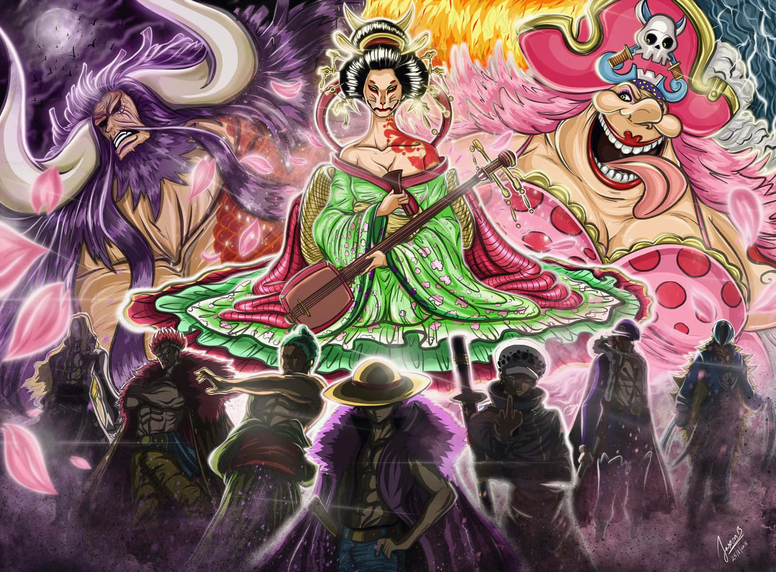 Wano Country 桌布 壁紙 — 一幅充滿活力的動漫插圖，中央的藝妓正在彈奏三味線，周圍環繞著兇猛的海盜角色和飄落的粉紅色花瓣。