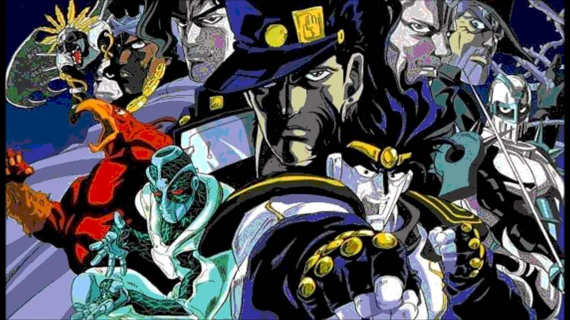 Jjba 桌布 壁紙 — 一幅充滿活力的動漫插圖，展示了一組風格化的角色，具有大膽的輪廓和戲劇性的表情。