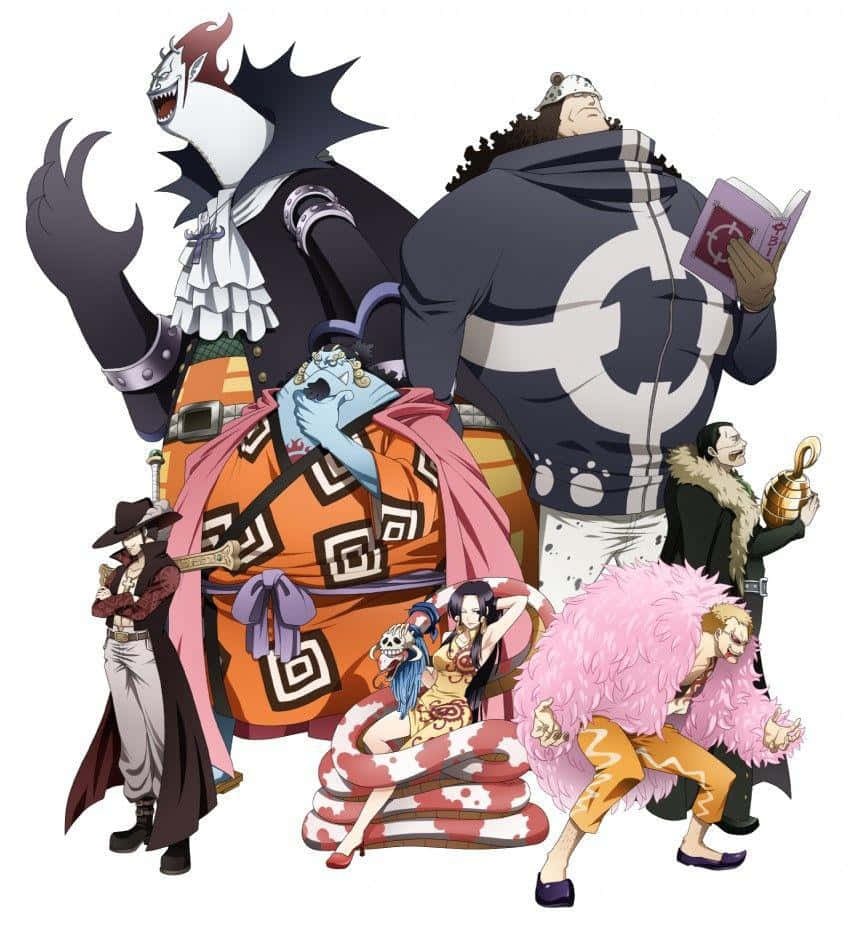 gecko moria 桌布 壁紙 — 一幅充滿活力的動漫插圖，描繪了七個不同的海盜角色，具有誇張的特徵和色彩繽紛的服裝，動態地擺出姿勢。
