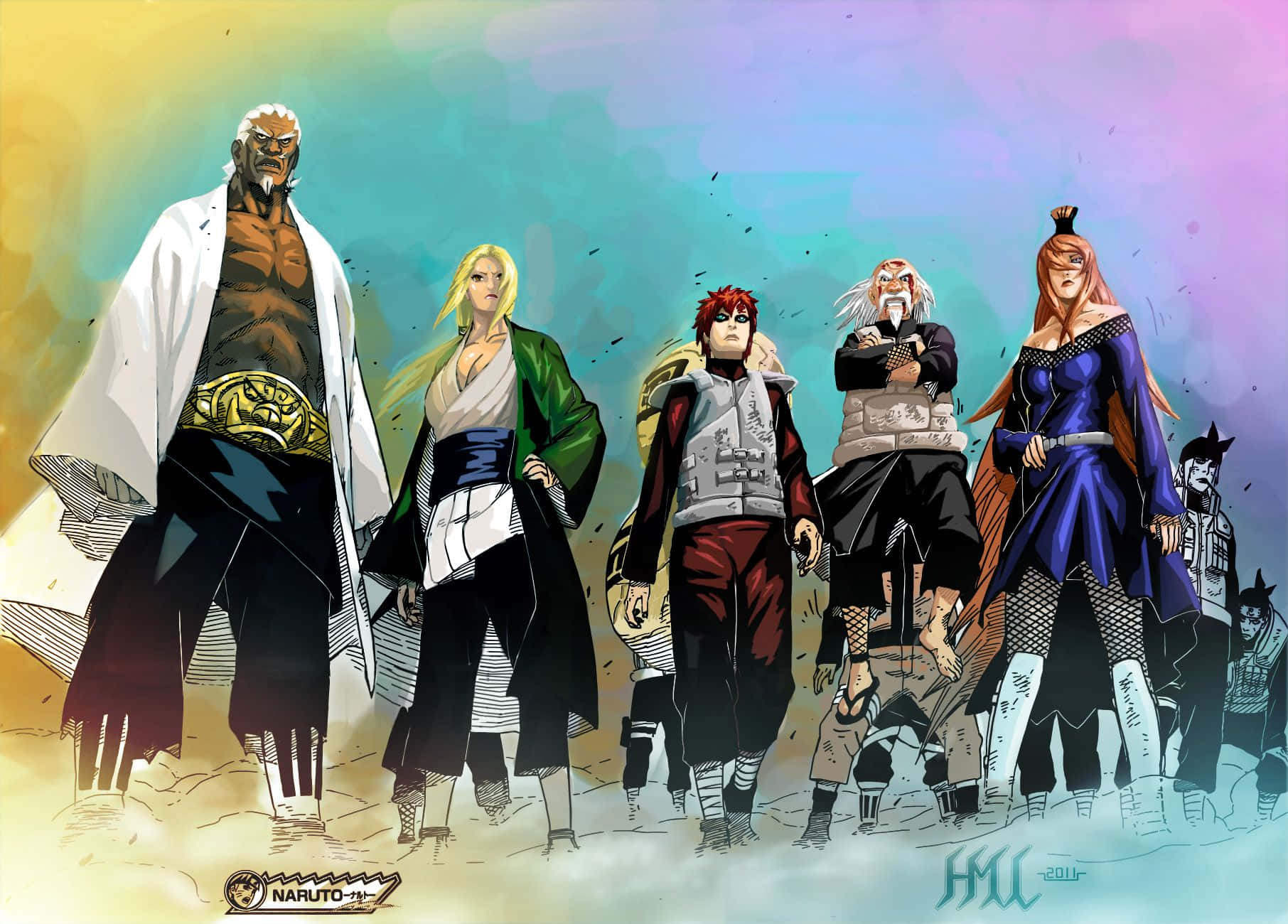 Naruto Kage 桌布 壁紙 — 一幅充滿活力的動漫插圖，描繪了七個強大的忍者角色在色彩繽紛的漸變天空下以動態的隊列站立。