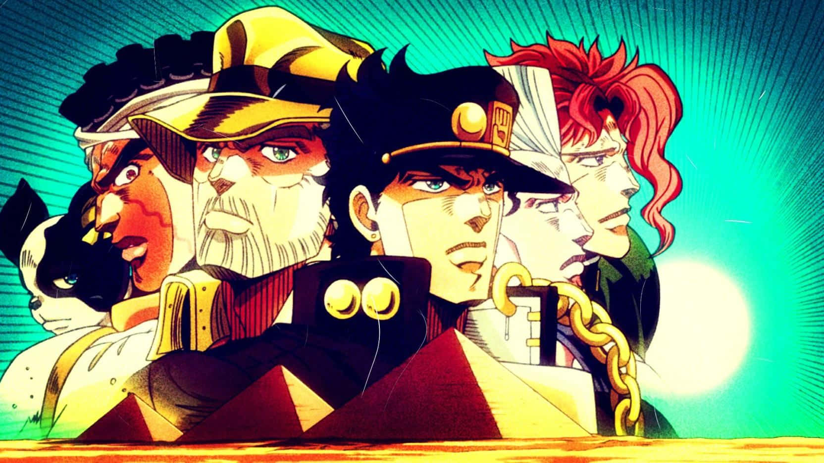 joseph joestar 桌布 壁紙 — 一幅充滿活力的動漫插圖，描繪了五個意志堅定的角色，帶有粗線條和動態的陽光背景。