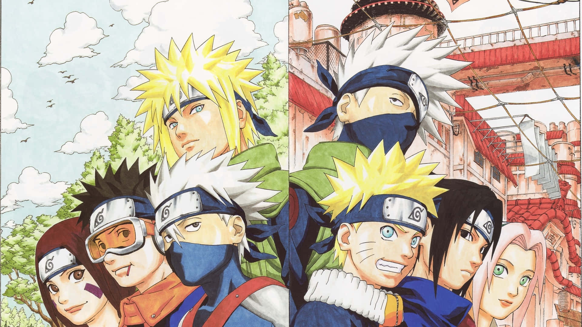 Kakashi And Tobi 桌布 壁紙 — 一幅充滿活力的動漫插圖，描繪了鳴人團隊在一個陽光普照、擁有傳統建築和茂密綠植的村莊中一起擺姿勢。