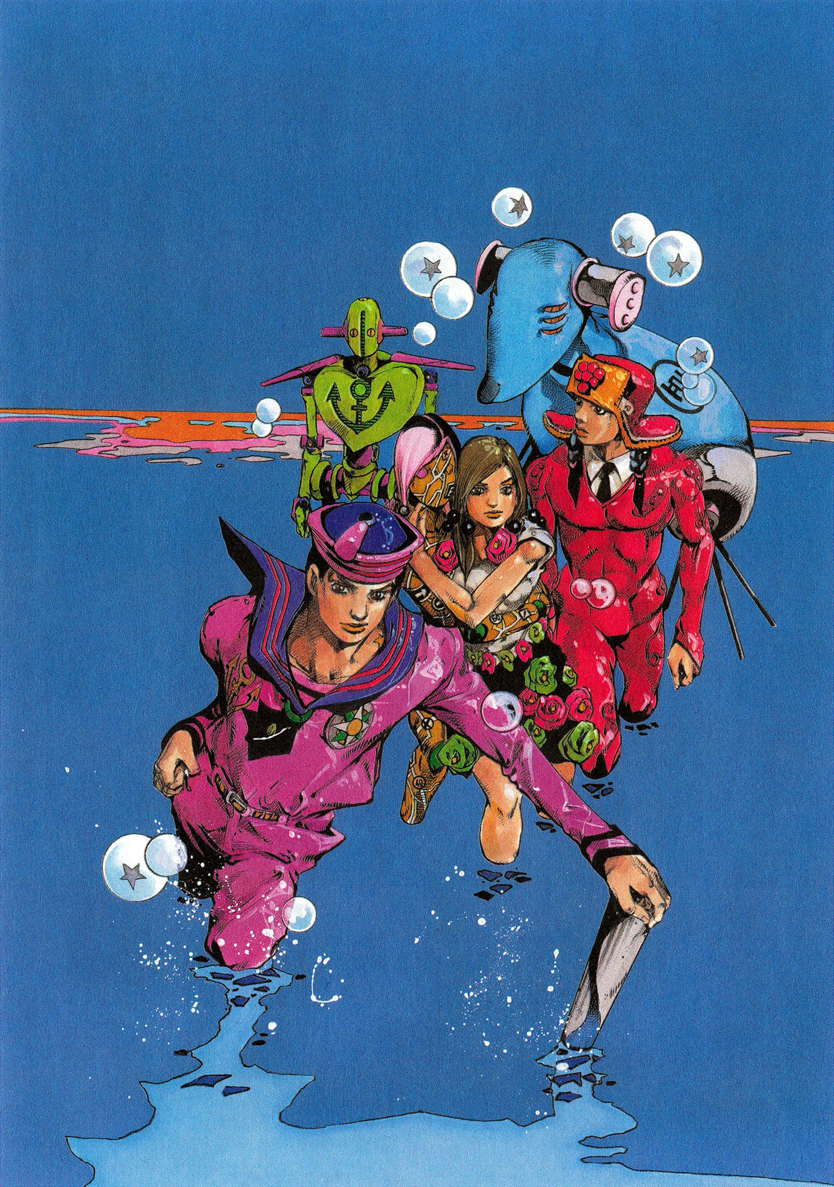 Jojolion 桌布 壁紙 — 一幅充滿活力的動漫插圖，描繪四個角色在藍色水中涉水而行，周圍漂浮著星星泡泡。