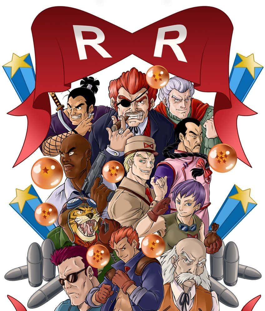 Red Ribbon Army 桌布 壁紙 — 一幅充滿活力的動漫插圖，描繪紅緞帶軍團的成員、龍珠和星形炮口的大炮。