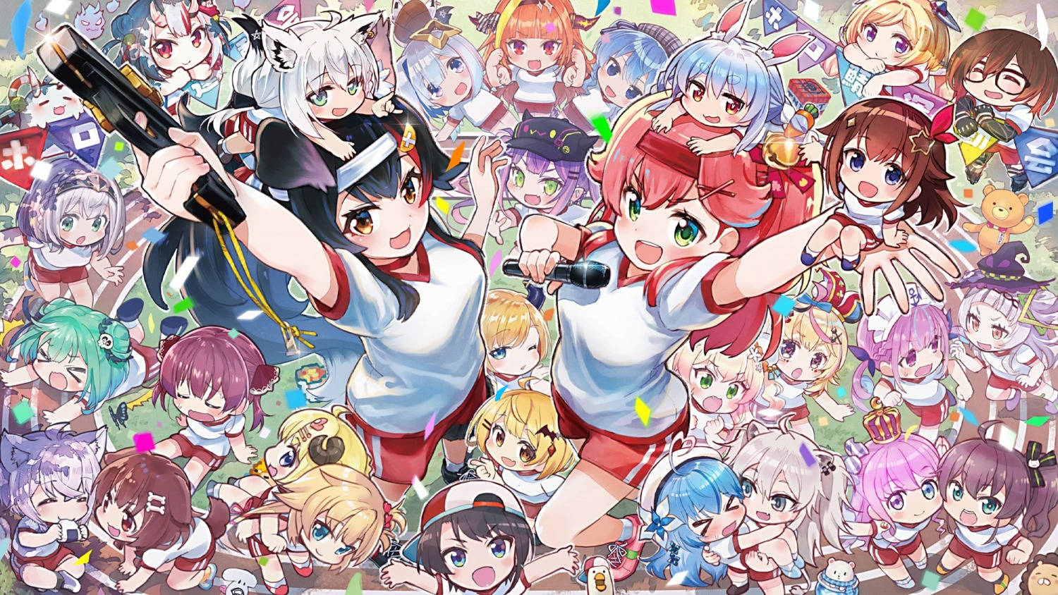 動漫女孩 桌布 壁紙 — 一幅充滿活力的動漫插圖，數十個穿著運動服的可愛Q版女孩在五彩紙屑中手持麥克風和槍枝。