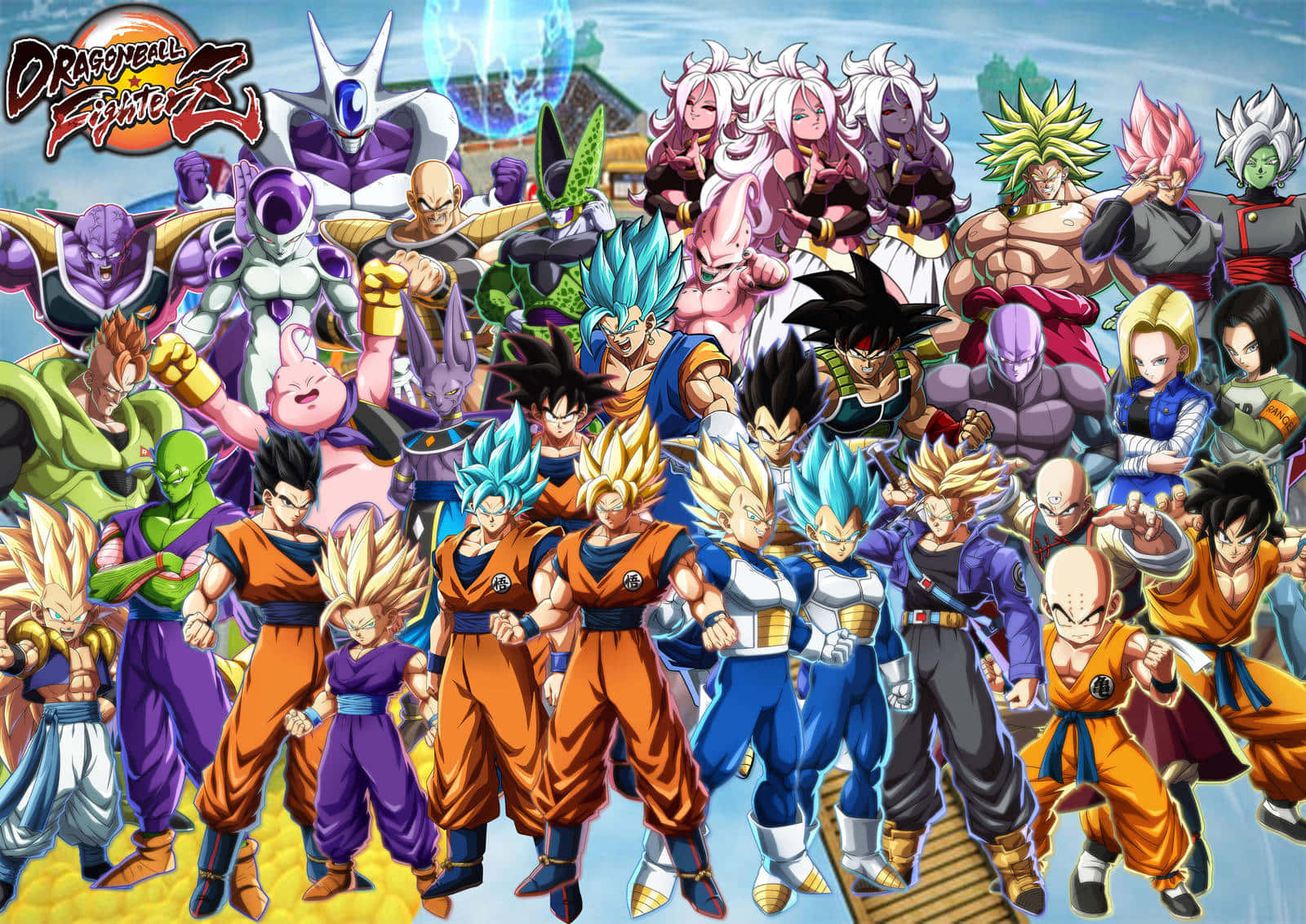 Dragon Ball Characters 桌布 壁紙 — 一幅充滿活力的動漫牆紙，以明亮的天空為背景，展示數十個《龍珠鬥士Z》角色擺出動感姿勢。