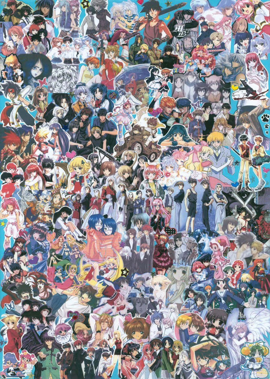 Anime Collage 桌布 壁紙 — 一幅充滿活力的動漫角色拼貼畫，密集地排列在明亮的藍色背景上。
