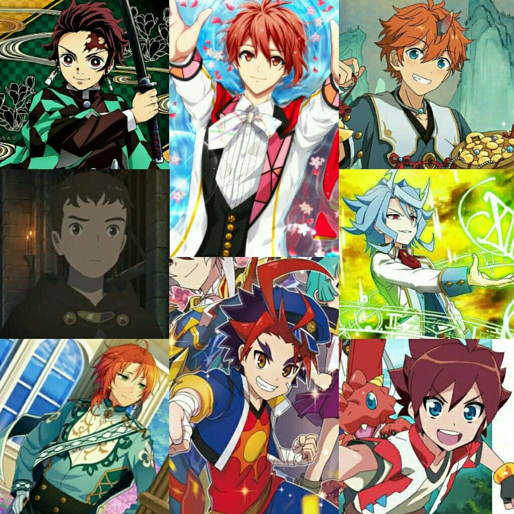Anime Collage 桌布 壁紙 — 一幅充滿活力的動漫角色拼貼畫，展現各種奇幻場景中的動態姿勢和色彩繽紛的服裝。