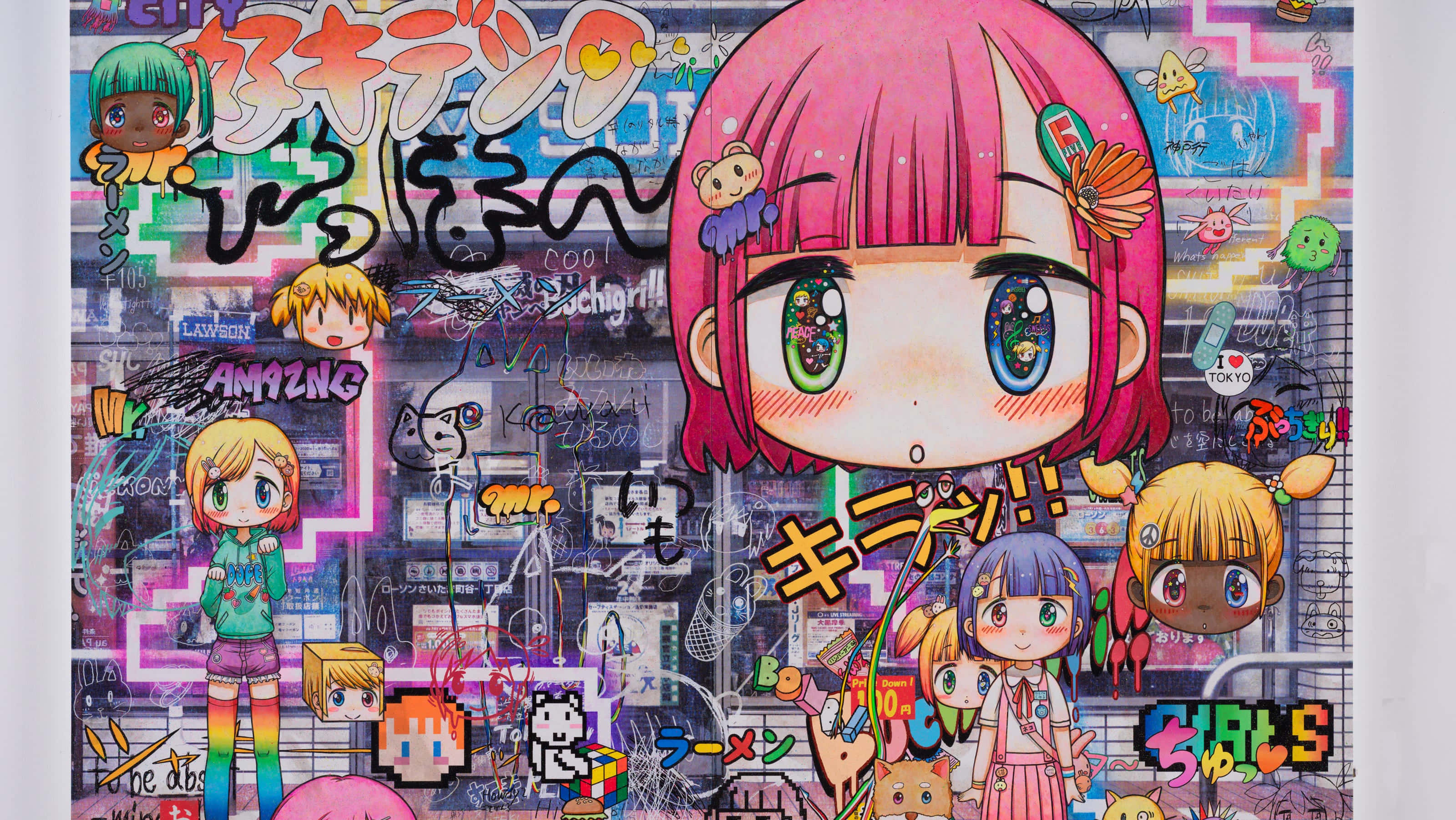 Japanese Pop Art 桌布 壁紙 — 一幅充滿活力的動漫風格壁畫，描繪一位粉紅色頭髮、眼睛閃閃發光的大型女孩，周圍環繞著色彩繽紛的塗鴉和較小的Q版角色。
