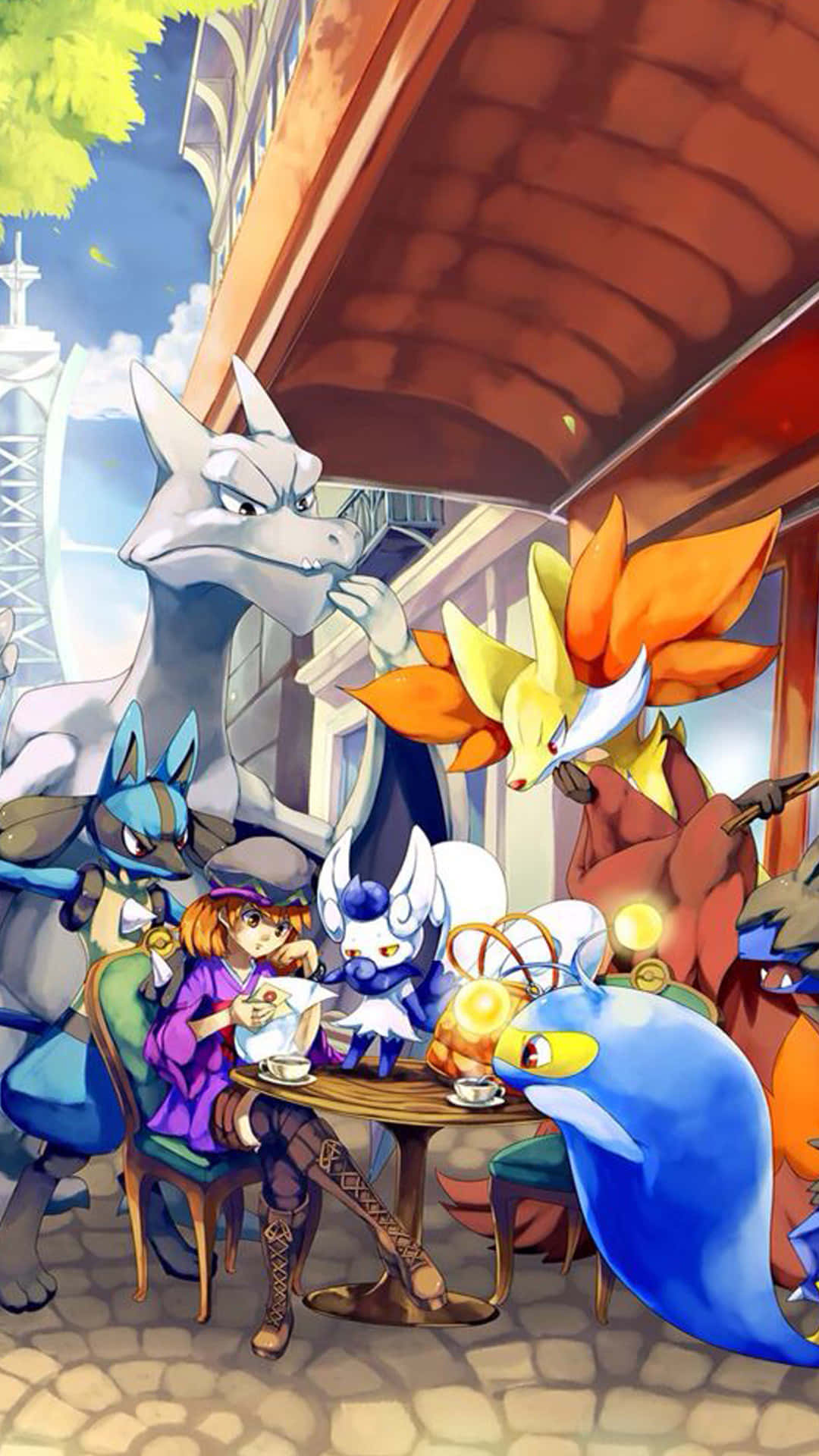 Pokemon Fan Art 桌布 壁紙 — 一幅充滿活力的動漫風格插圖，描繪了一個年輕女孩和她的寵物小精靈同伴在晴朗的天空下於戶外咖啡廳享用茶點。