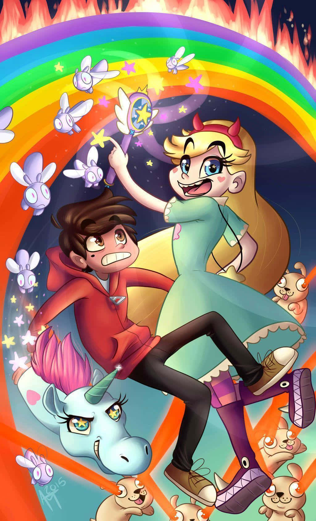 Star Vs The Forces Of Evil 桌布 壁紙 — 一幅充滿活力的動漫風格插圖，描繪《星蝶公主》中的星星和馬可騎著獨角獸穿越火焰彩虹，伴隨著魔法蜜蜂和生物。