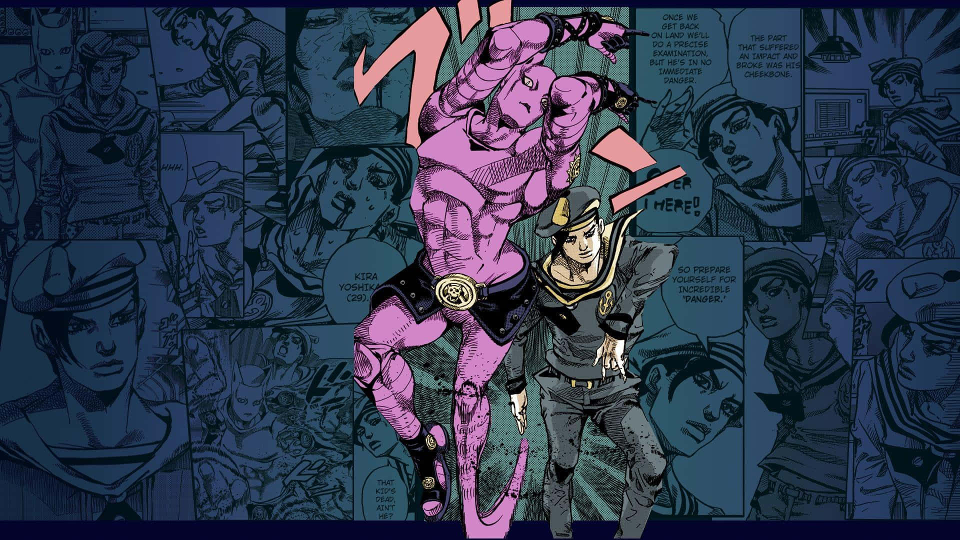 Kira Yoshikage 桌布 壁紙 — 一幅充滿活力的動漫風格插圖，描繪一個粉紅色皮膚的肌肉角色，在漫畫格背景前擺出動態動作姿勢。
