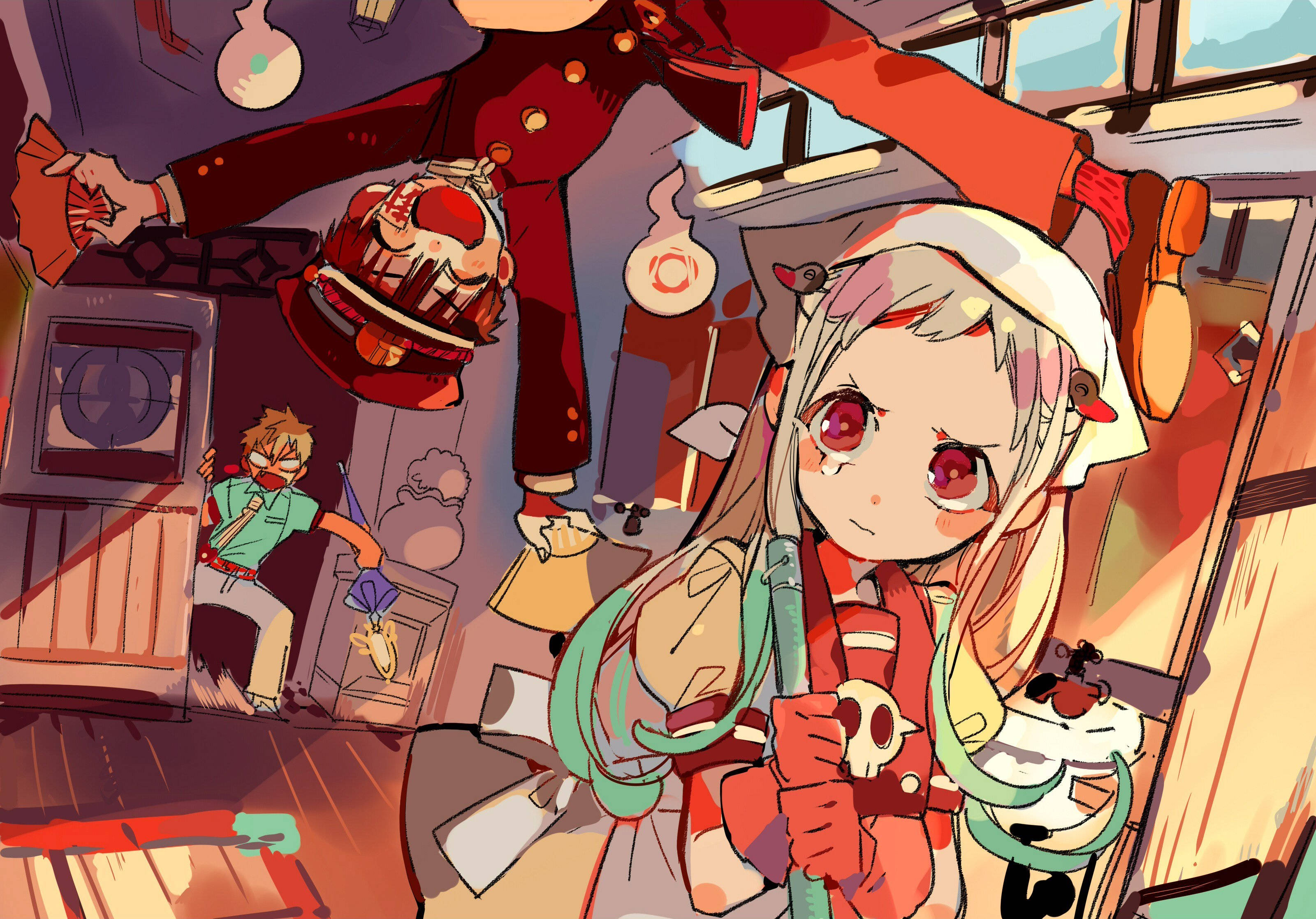hanako 桌布 壁紙 — 一幅充滿活力的動漫風格插圖，描繪一位紅眼、穿著骷髏主題服裝的女孩，站在一個雜亂的房間裡，房間內有漂浮物體，背景中有一個男孩。