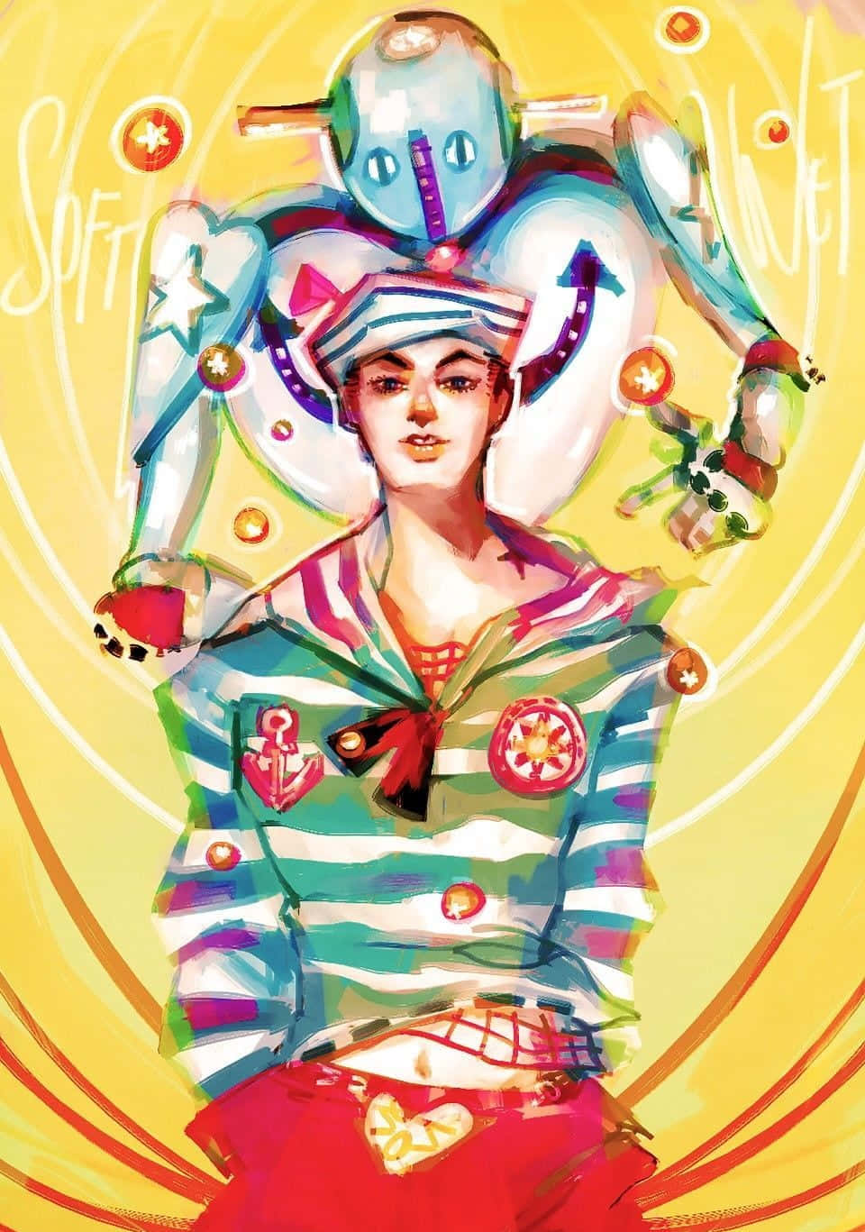 Soft And Wet 桌布 壁紙 — 一幅充滿活力的動漫風格插圖，描繪身穿水手服的人物，肩上站著一個機械人，背景是旋轉的黃色。