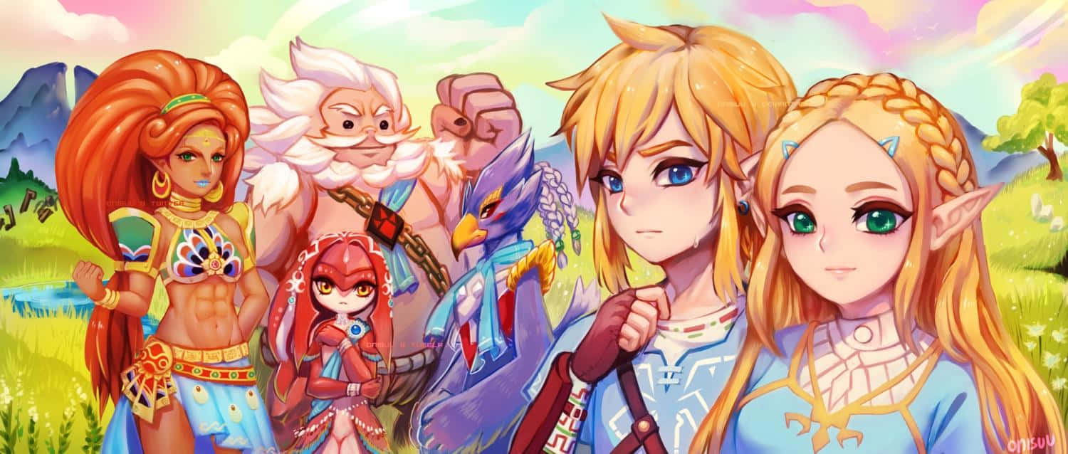 The Legend Of Zelda Mipha 桌布 壁紙 — 一幅充滿活力的動漫風格插圖，描繪五位奇幻角色一起站在色彩繽紛的草地上，背景有山脈和明亮的天空。