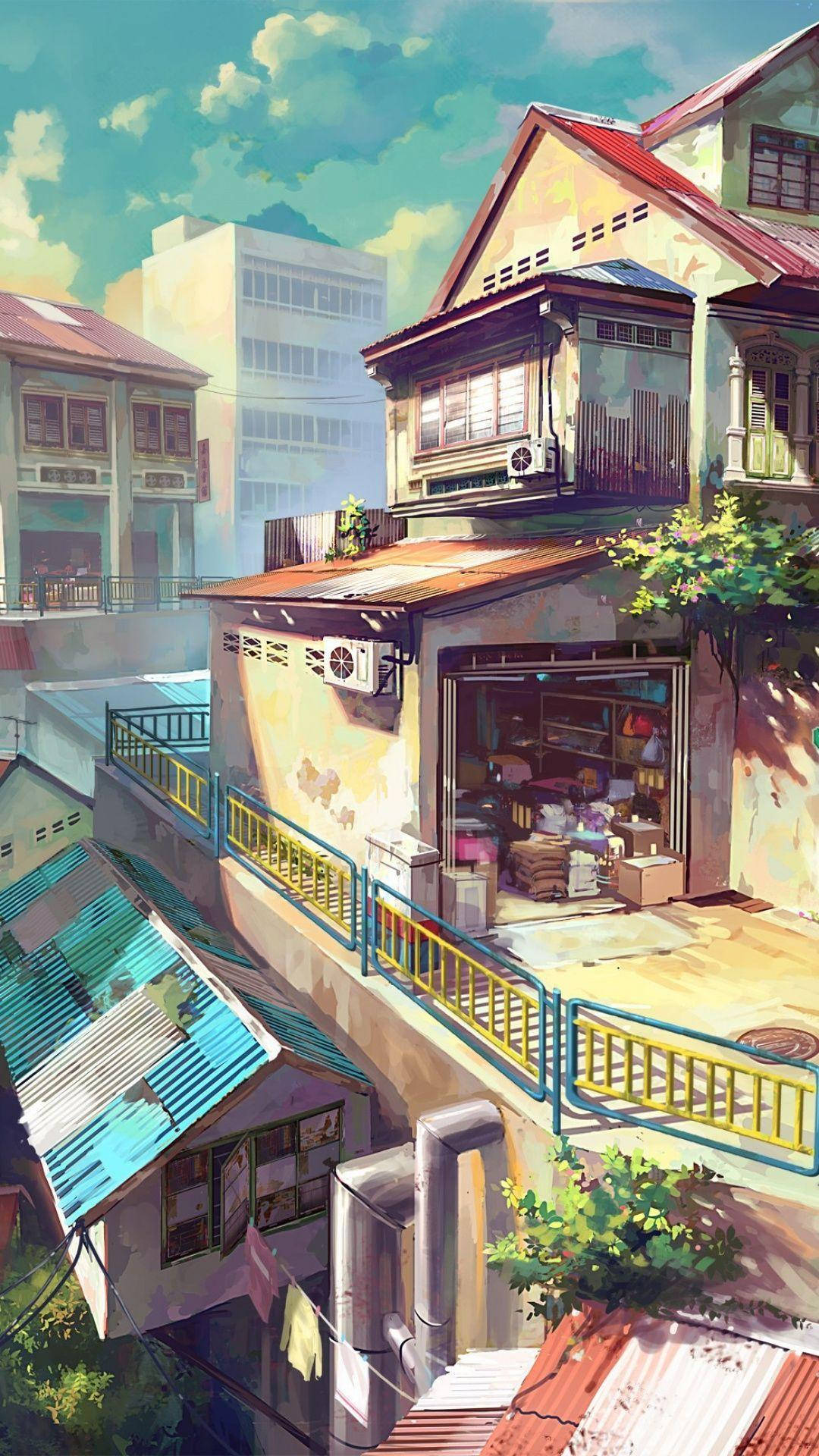 Japanese Anime 桌布 壁紙 — 一幅充滿活力的動漫風格插圖，描繪了一條陽光普照的城市小巷，擁有色彩繽紛的屋頂和沐浴在溫暖午後光線中的店舖門面。