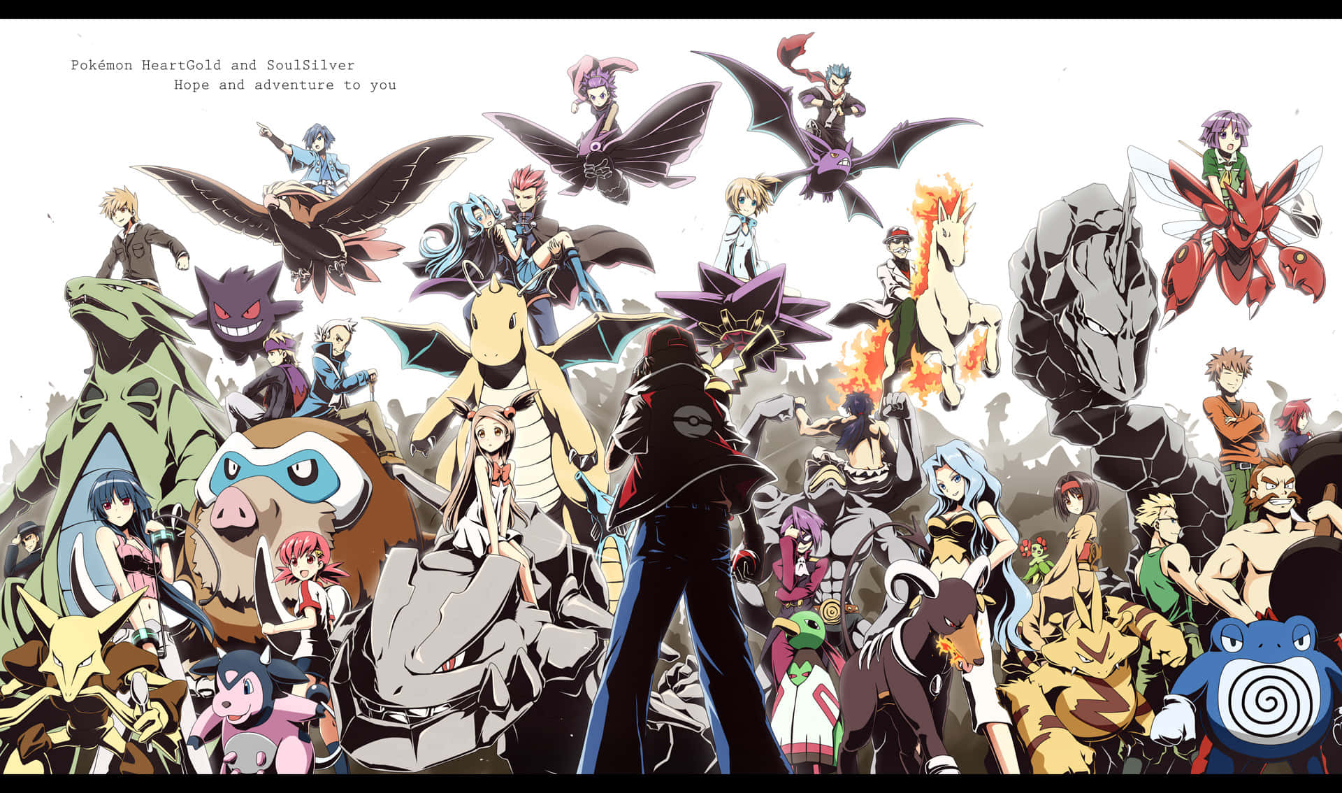 Pokemon Masters 桌布 壁紙 — 一幅充滿活力的動漫風格牆紙，展示了《心金／魂銀》遊戲中的眾多寶可夢和訓練家，在岩石背景前擺出動感姿勢。