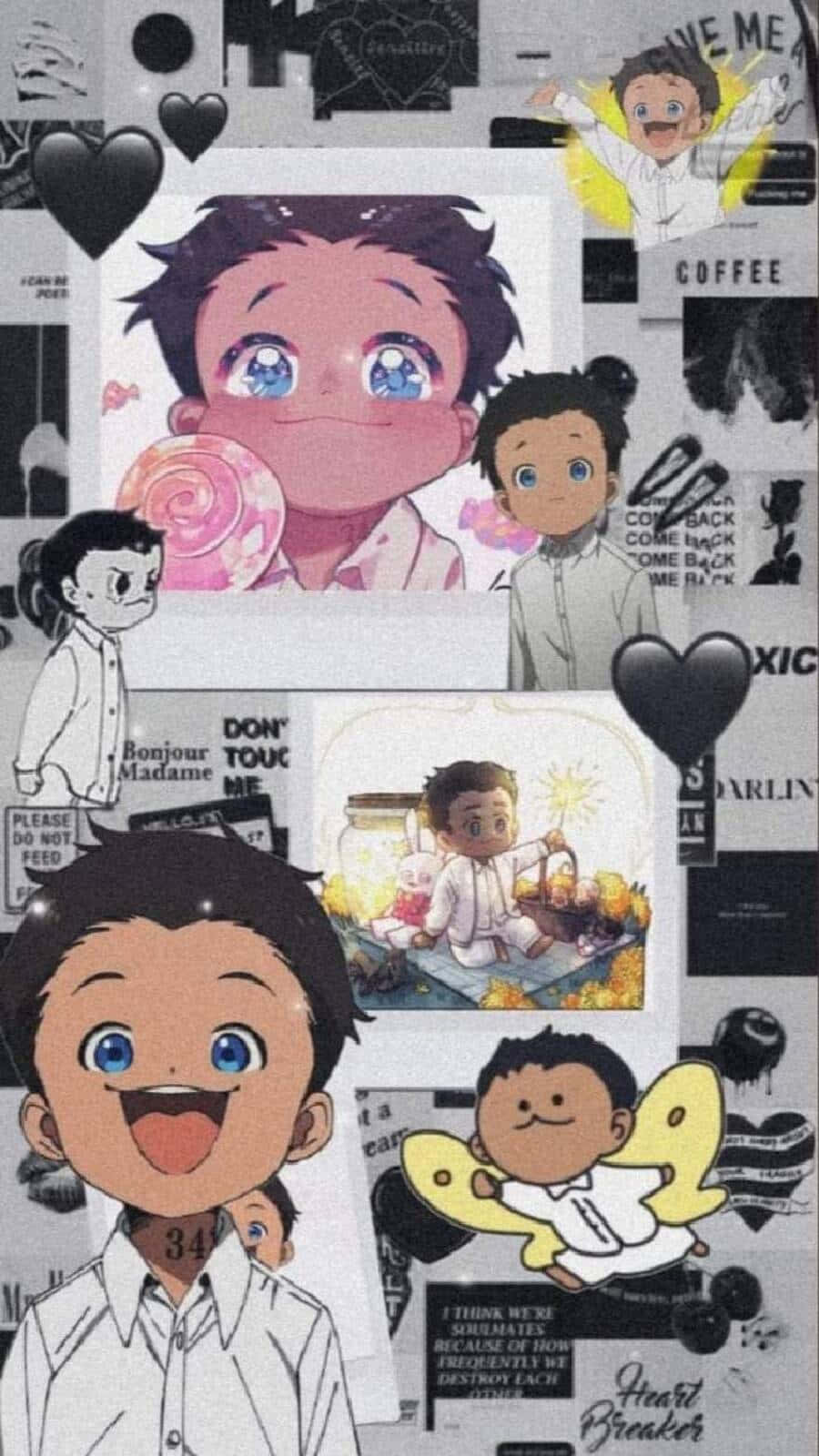 The Promised Neverland Phil 桌布 壁紙 — 一幅充滿活力的動漫風格男孩角色拼貼畫，擁有富有表現力的藍色眼睛和各種俏皮場景，例如拿著棒棒糖或長著翅膀飛翔。