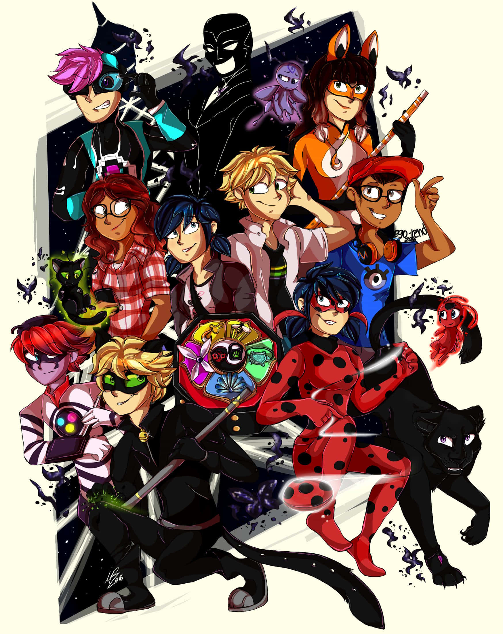 Ladybug And Cat Noir 桌布 壁紙 — 一幅充滿活力的動漫風格群像，描繪了 Miraculous Ladybug 和朋友們以動感超級英雄姿勢登場，帶有發光效果。