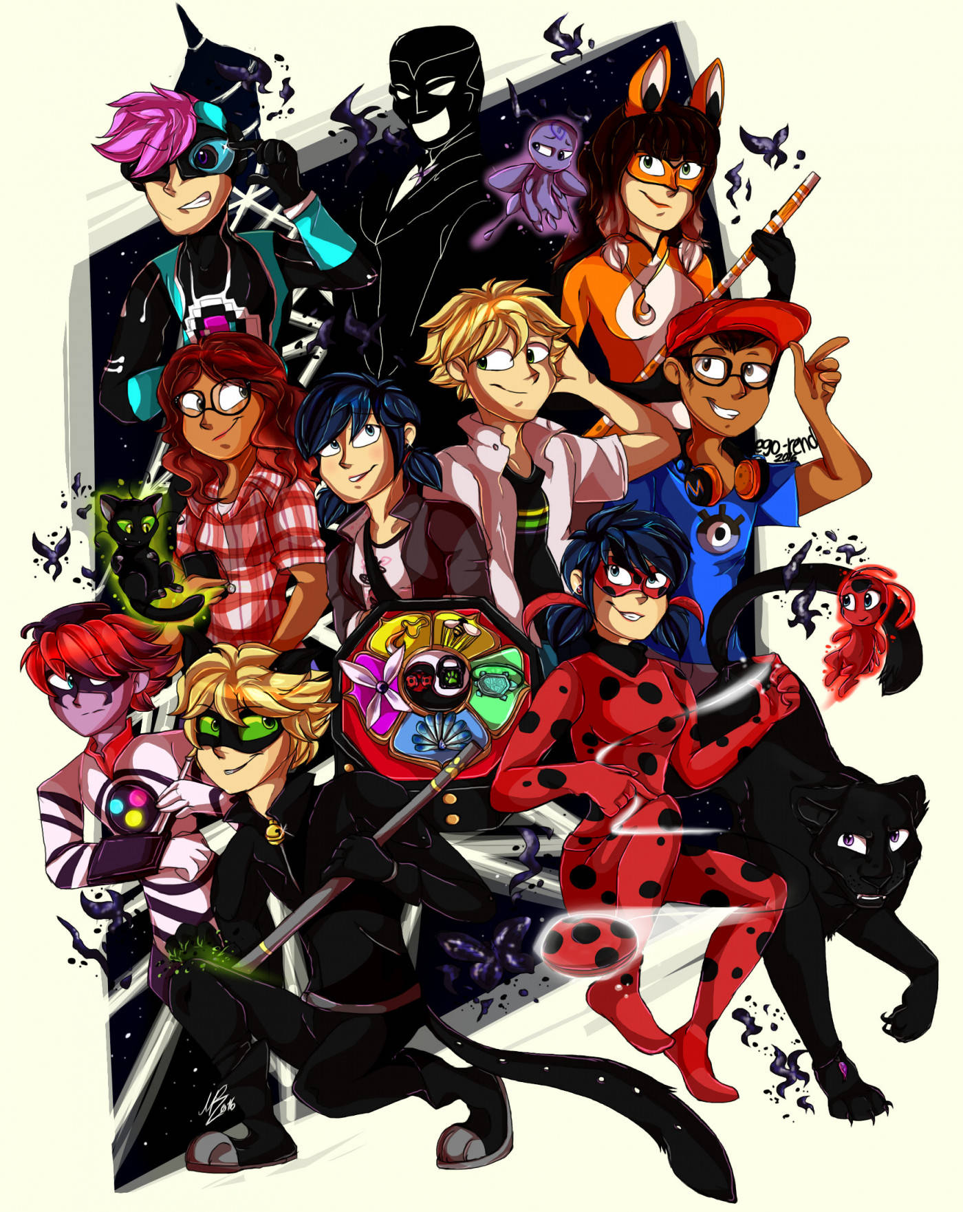 超級英雄 桌布 壁紙 — 一幅充滿活力的動漫風格群像，描繪了 Miraculous Ladybug 和朋友們以動感的超級英雄姿勢登場，帶有發光效果。