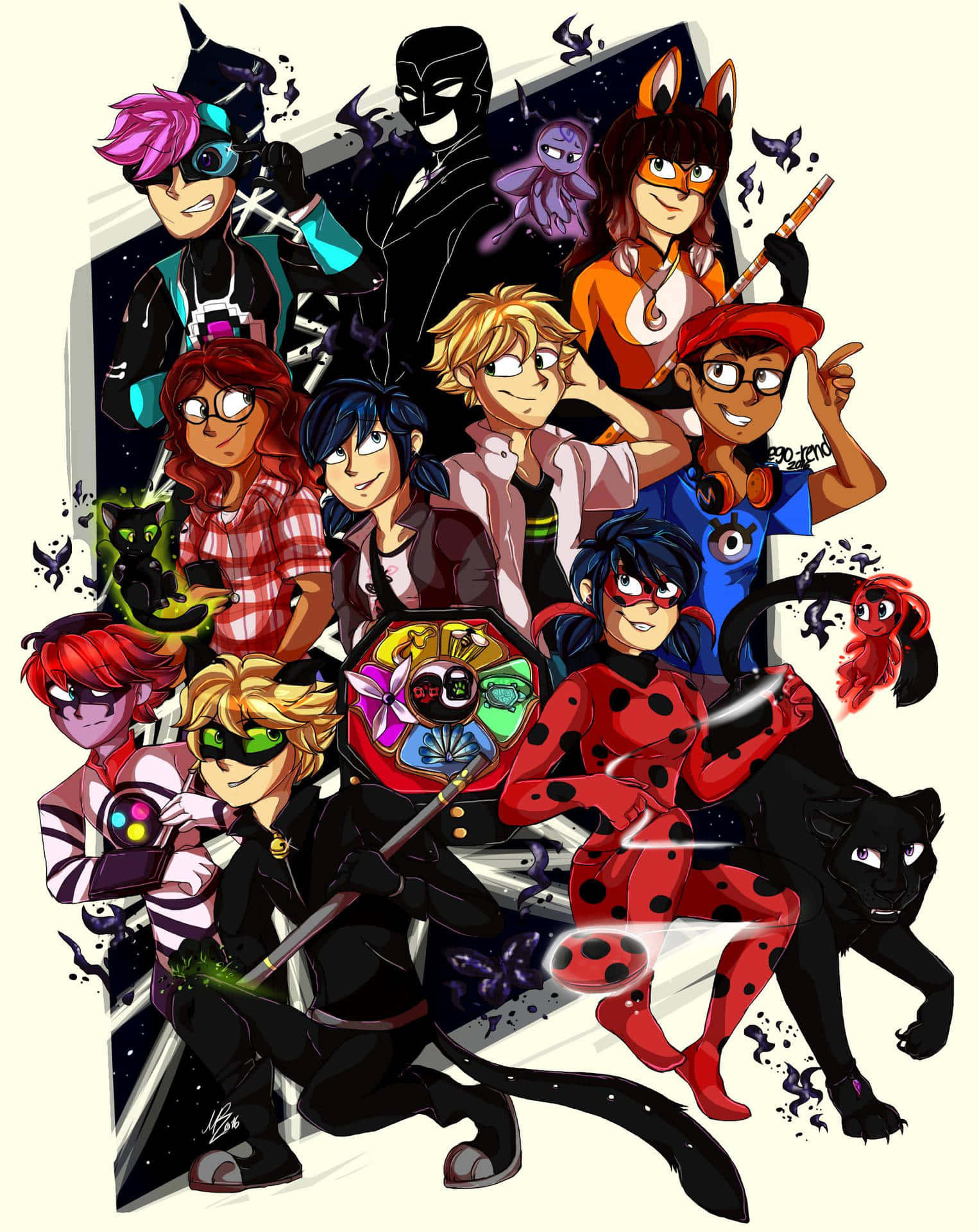 奇幻 桌布 壁紙 — 一幅充滿活力的動漫風格群像，描繪 Miraculous Ladybug 和朋友們擺出動感超級英雄姿勢，帶有發光效果。