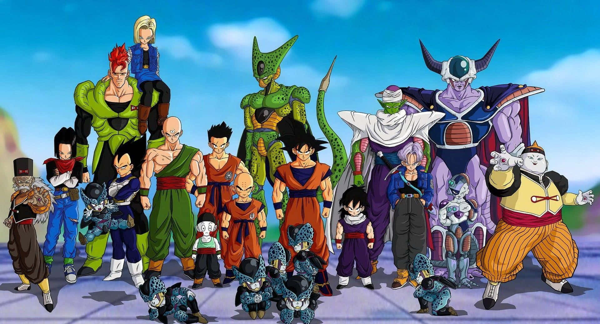 Dragon Ball Z Kai 桌布 壁紙 — 一幅充滿活力的動畫團體照，龍珠角色在明亮的藍天下英勇地擺出姿勢。