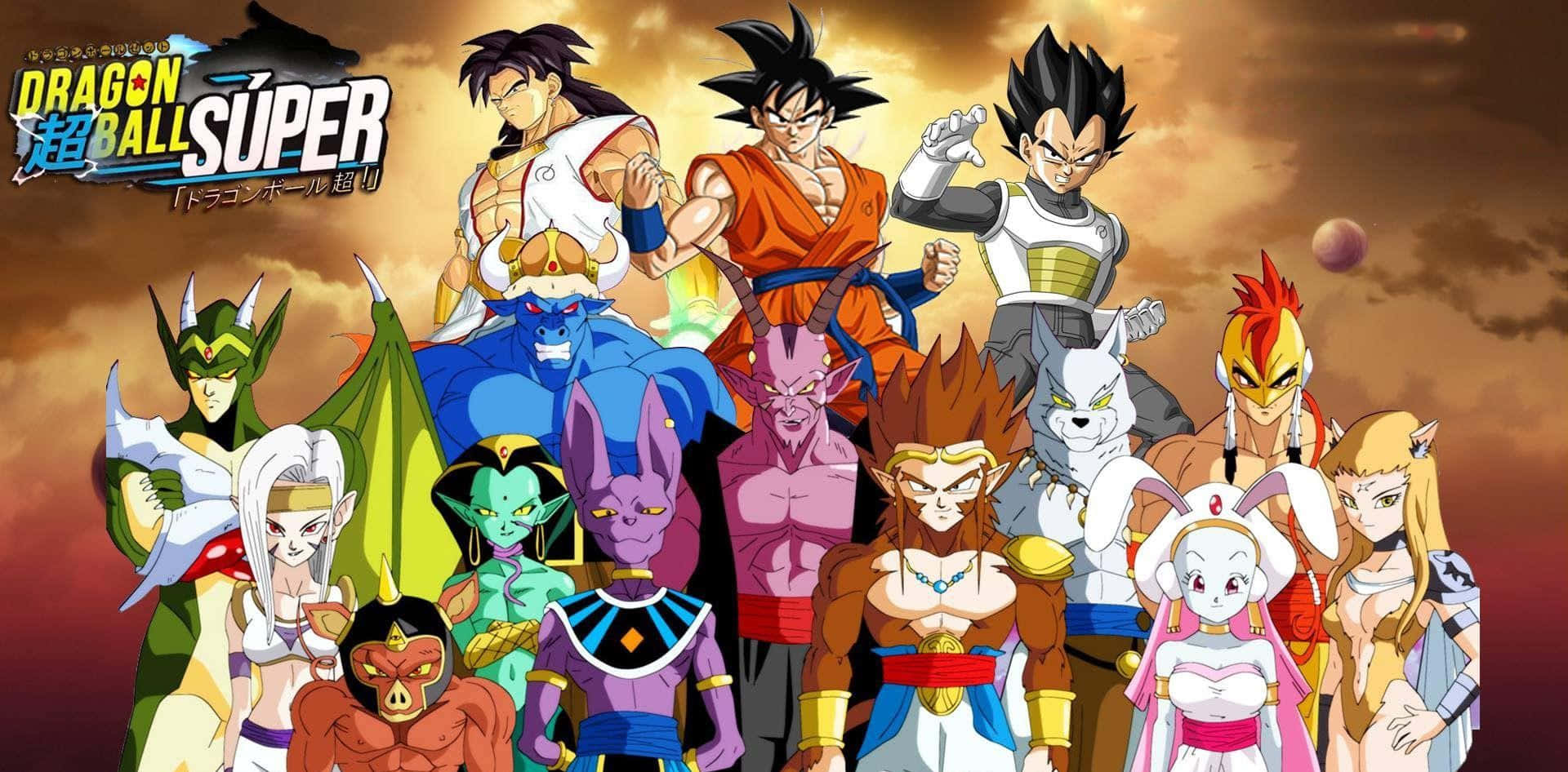 Dragon Ball Super Universe 6 桌布 壁紙 — 一幅充滿活力的動畫團體照，龍珠超角色在熾熱的日落天空下英勇地擺出姿勢。