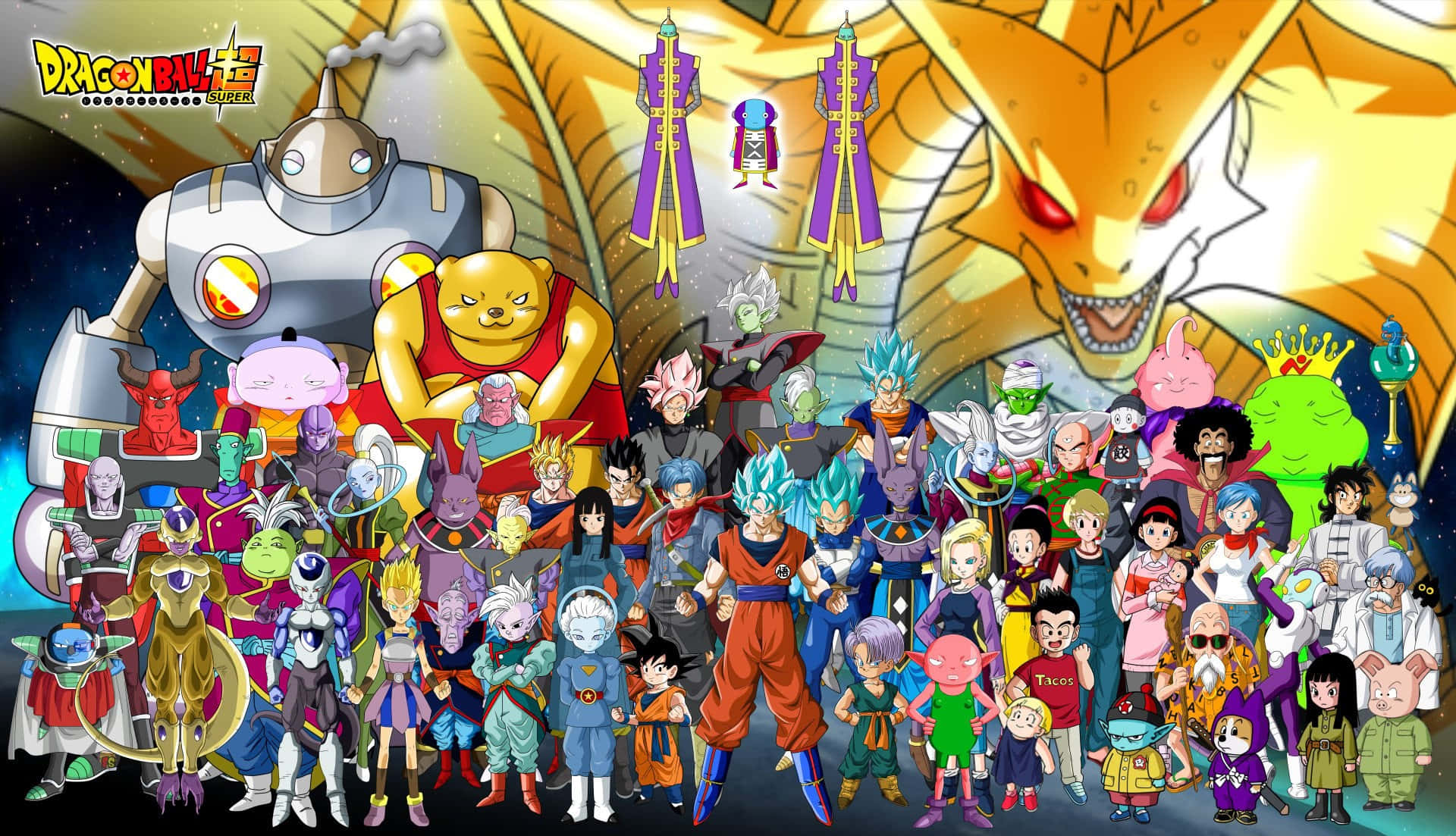 Dragon Ball Super Universe 6 桌布 壁紙 — 一幅充滿活力的動畫團體照，龍珠超角色在宇宙背景下英勇地擺姿勢，身後有一條巨大的金色龍。