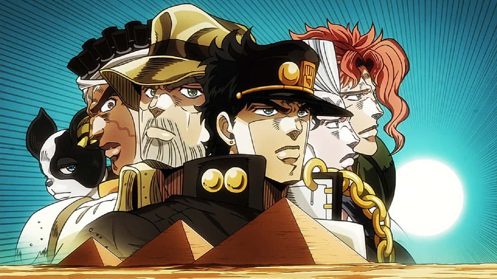 Jjba 桌布 壁紙 — 一幅充滿活力的動畫團體肖像，以五個角色和一隻貓為特色，背景是燦爛的藍色太陽光爆。
