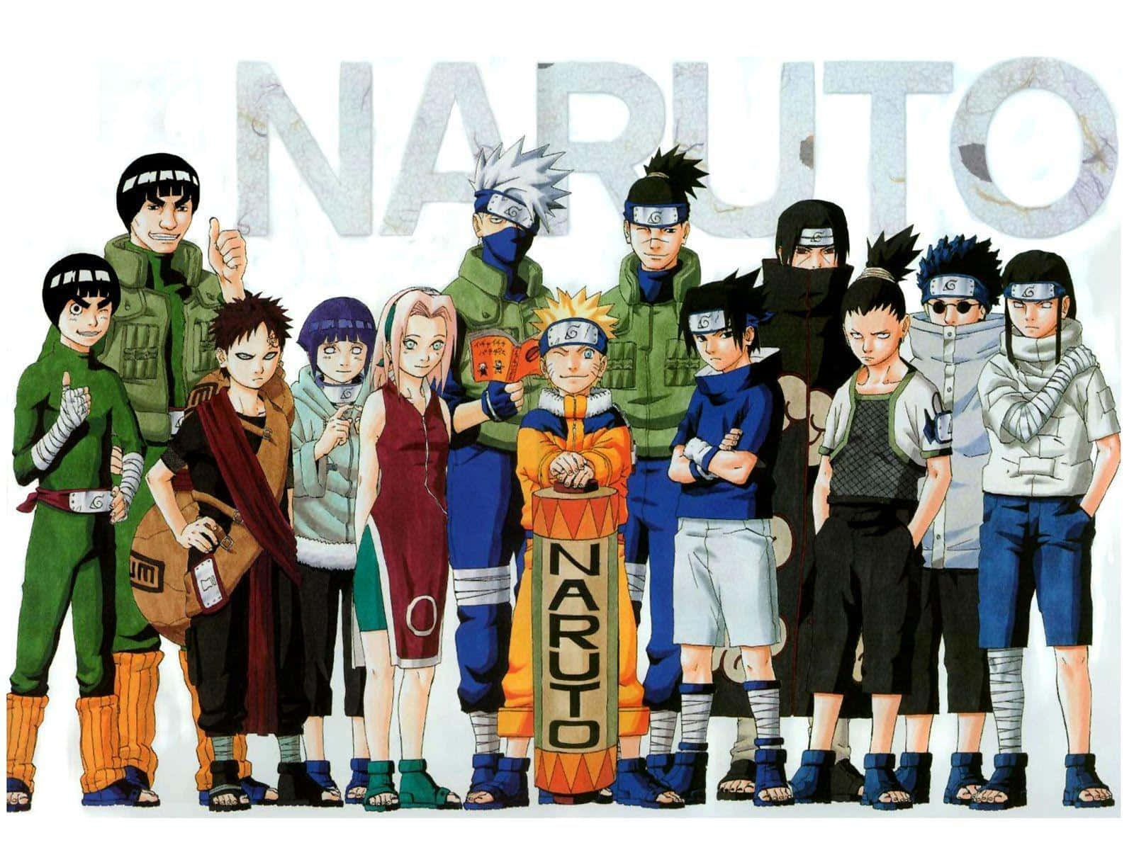 Naruto's Friend 桌布 壁紙 — 一幅充滿活力的動畫團體肖像，描繪了鳴人的忍者團隊在大型「NARUTO」標題下自信地擺姿勢。