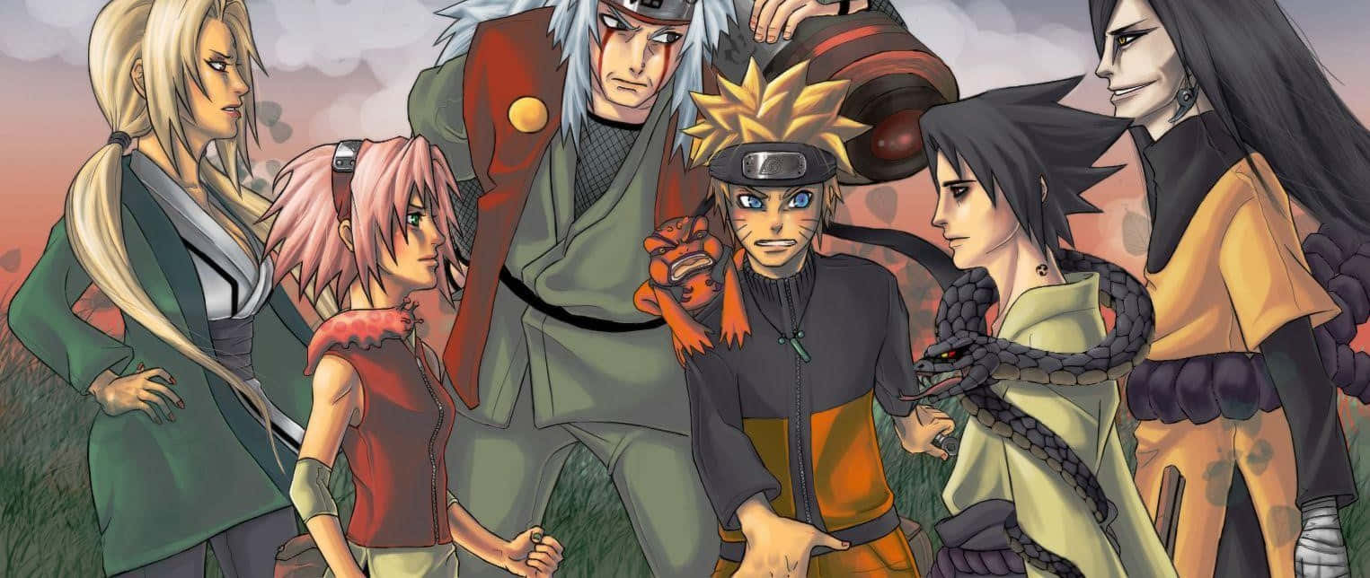 Legendary Sannin 桌布 壁紙 — 一幅充滿活力的動畫團體肖像，描繪了鳴人和他的盟友在夕陽天空下並肩站立。