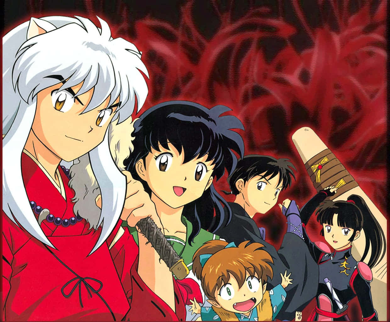 Inuyasha And The Gang 桌布 壁紙 — 一幅充滿活力的動畫團體肖像，描繪犬夜叉和朋友們在旋轉的紅色背景前。