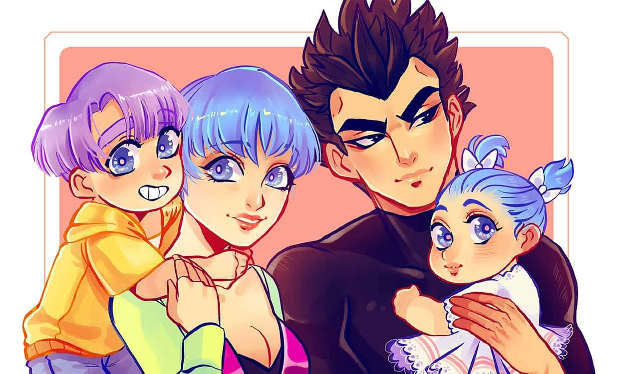 Vegeta's Family 桌布 壁紙 — 一幅充滿活力的動畫家庭肖像，四位成員在柔和的粉紅色背景前溫暖地微笑。