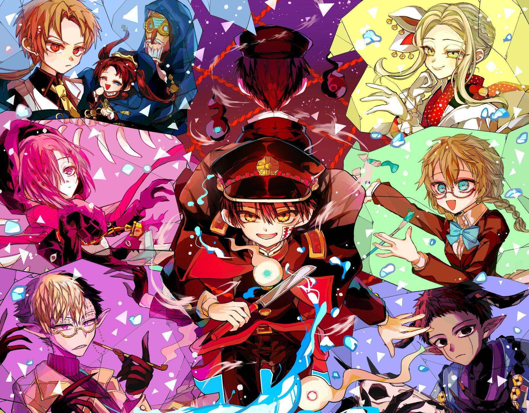 hanako 桌布 壁紙 — 一幅充滿活力的動畫拼貼畫，以多個角色在色彩繽紛的幾何背景前擺出動態姿勢為特色。