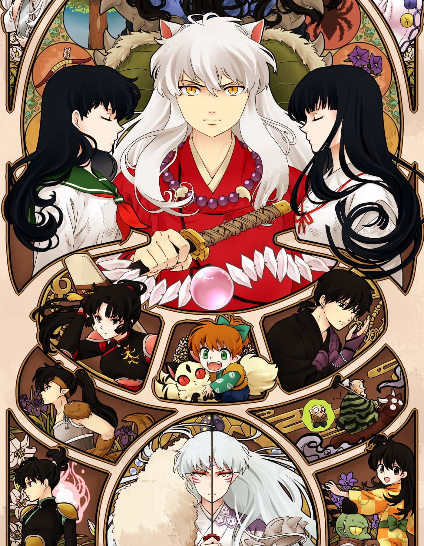 Inuyasha Kagura 桌布 壁紙 — 一幅充滿活力的動畫拼貼畫，以犬夜叉及其同伴為特色，採用華麗的框架，帶有傳統日本圖案和富有表現力的角色姿勢。