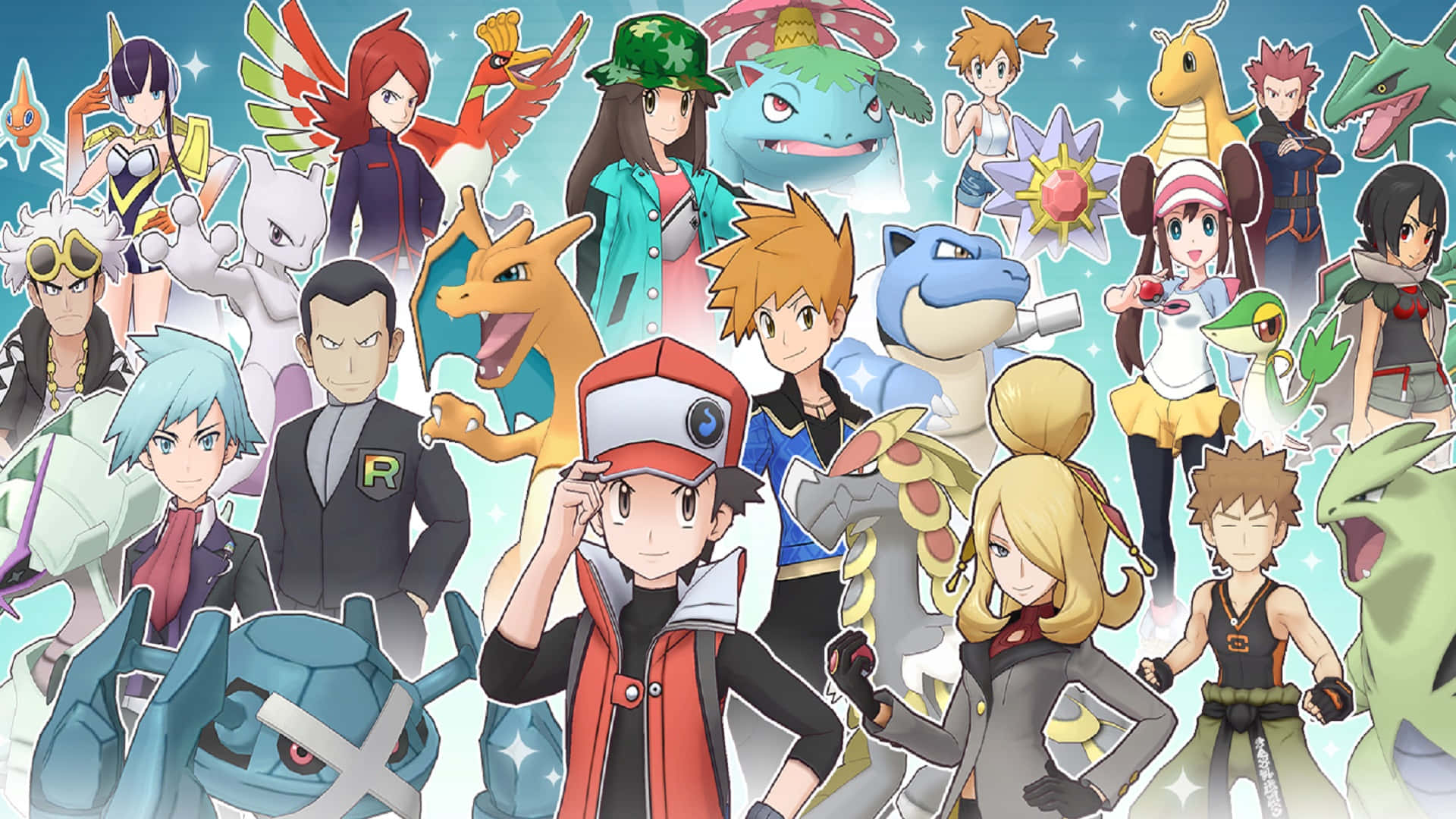 Pokemon Masters 桌布 壁紙 — 一幅充滿活力的動畫拼貼畫，以閃爍的藍色背景為襯托，展示標誌性的寵物小精靈角色和訓練員。